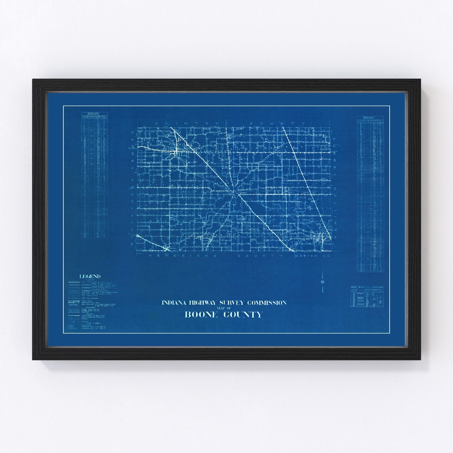 vintage map of Boone County, Indiana, 1936, restored print wall art