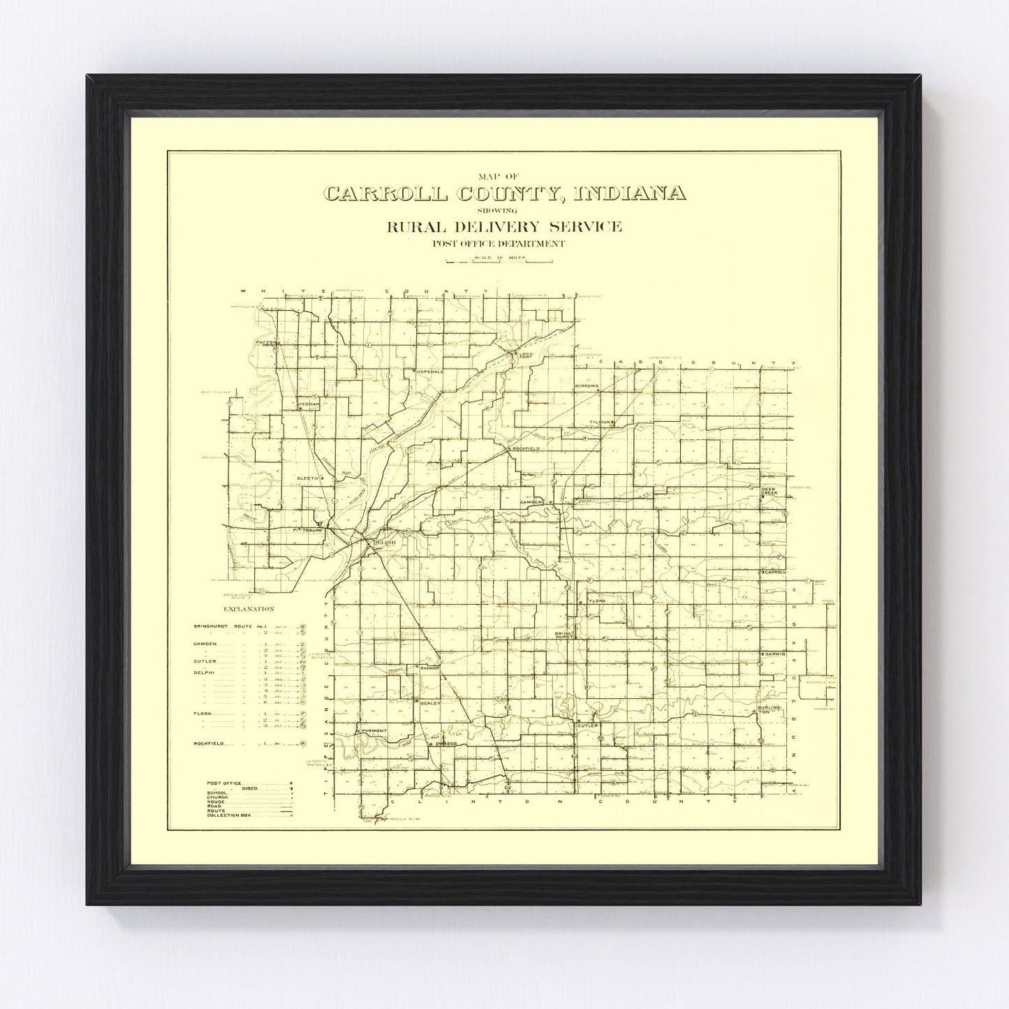 Vintage map of Carroll County, Indiana, 1910, restored vintage wall art print