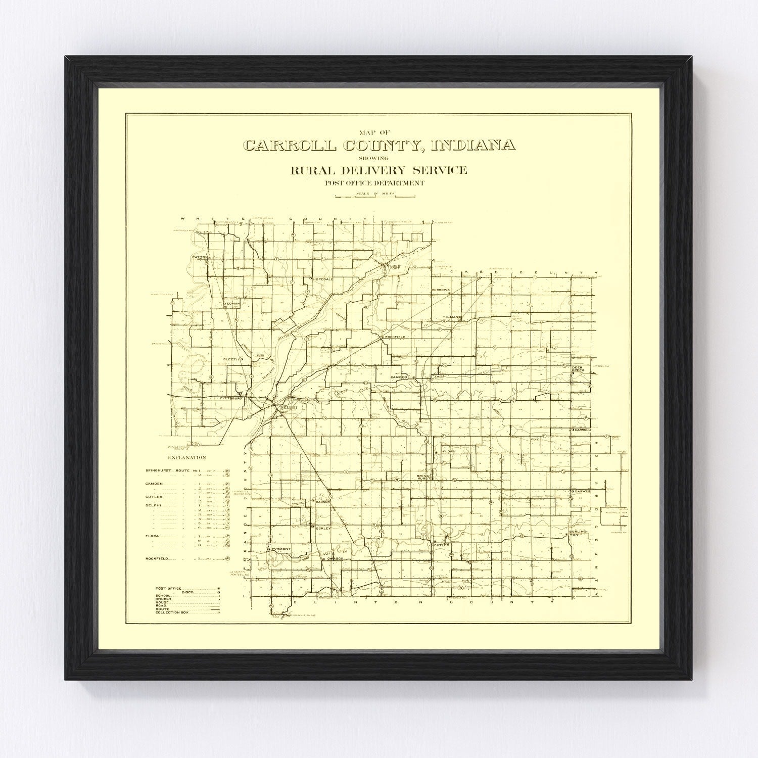 Vintage map of Carroll County, Indiana, 1910, restored vintage wall art print