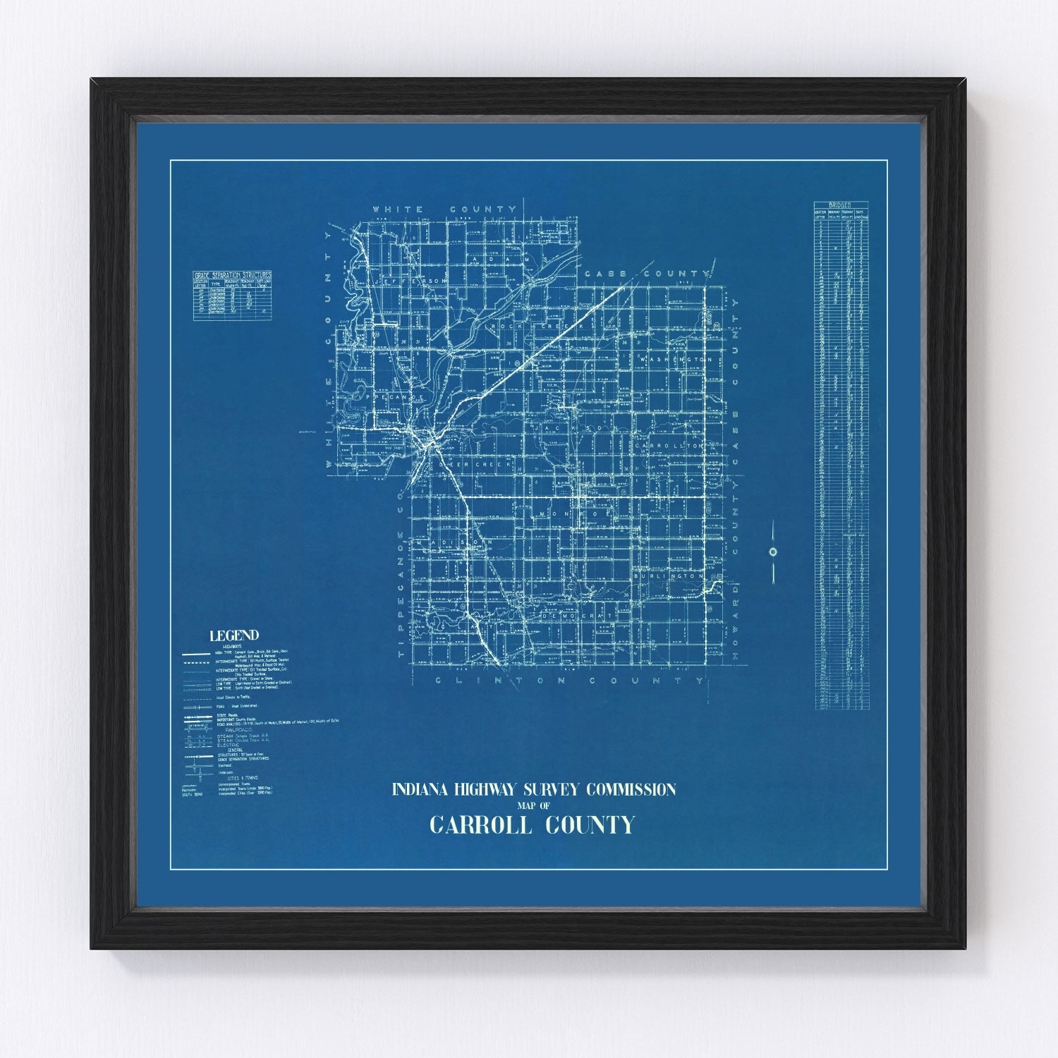 Vintage map of Carroll County, Indiana, 1936, restored vintage wall art print