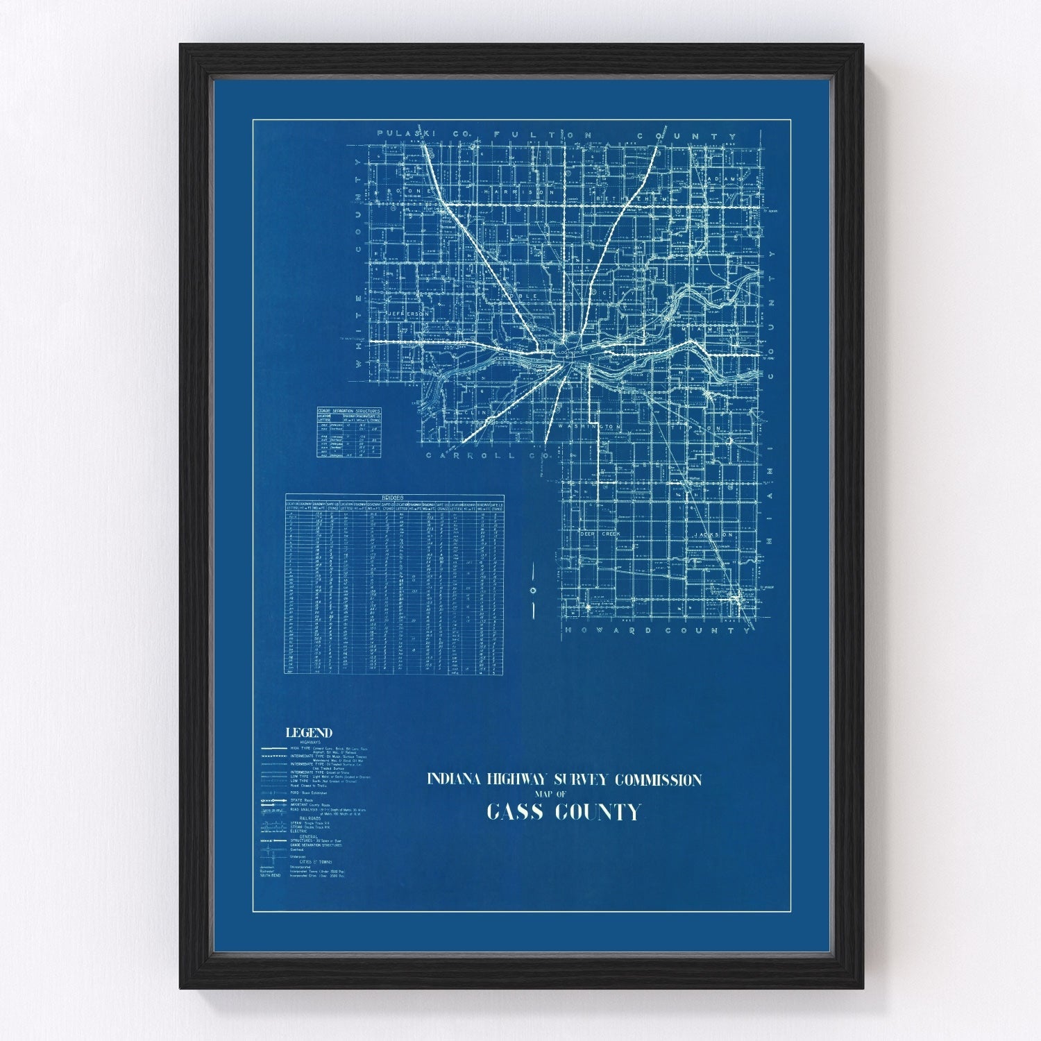 Vintage map of Cass County, Indiana, 1936, restored vintage wall art print
