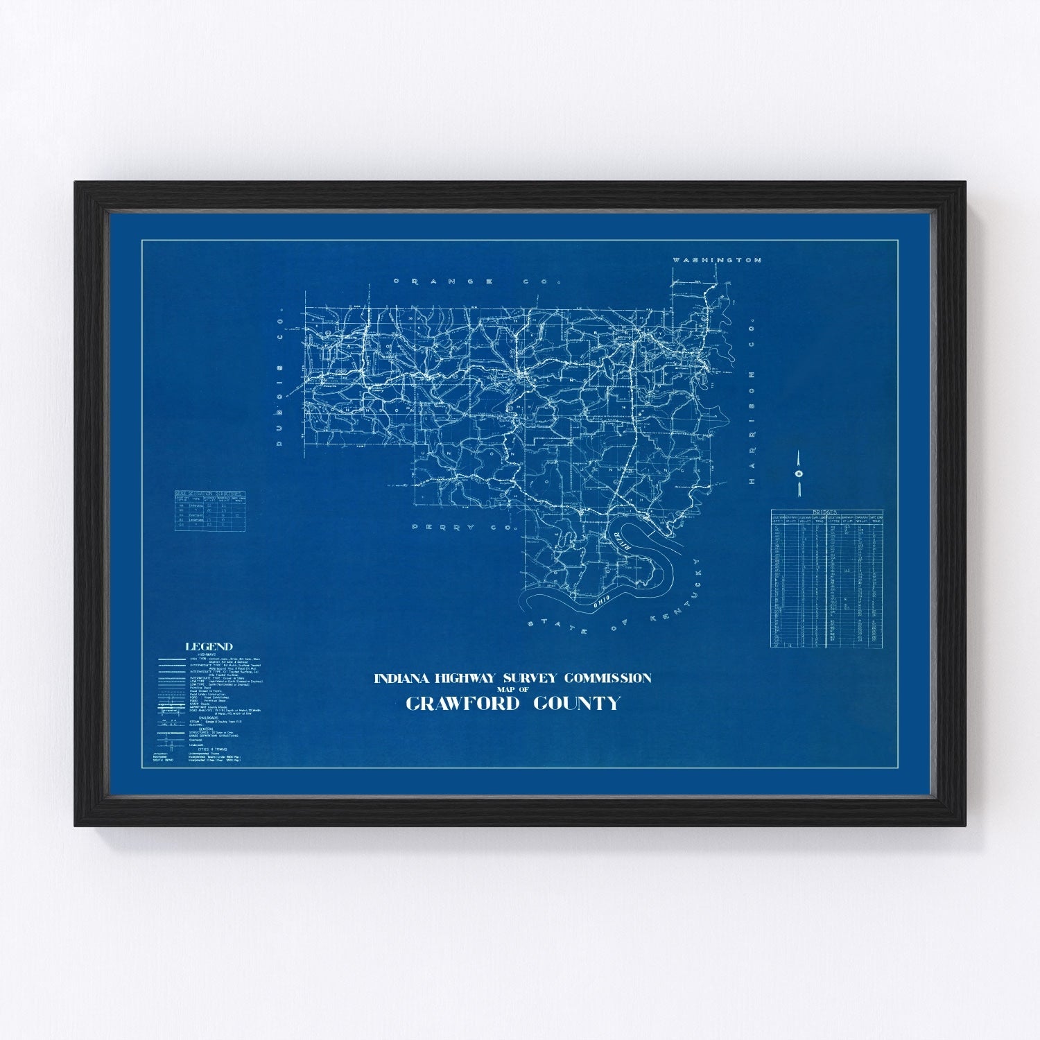 Vintage restored map of Crawford County, Indiana, 1936, Depression-era southern Indiana