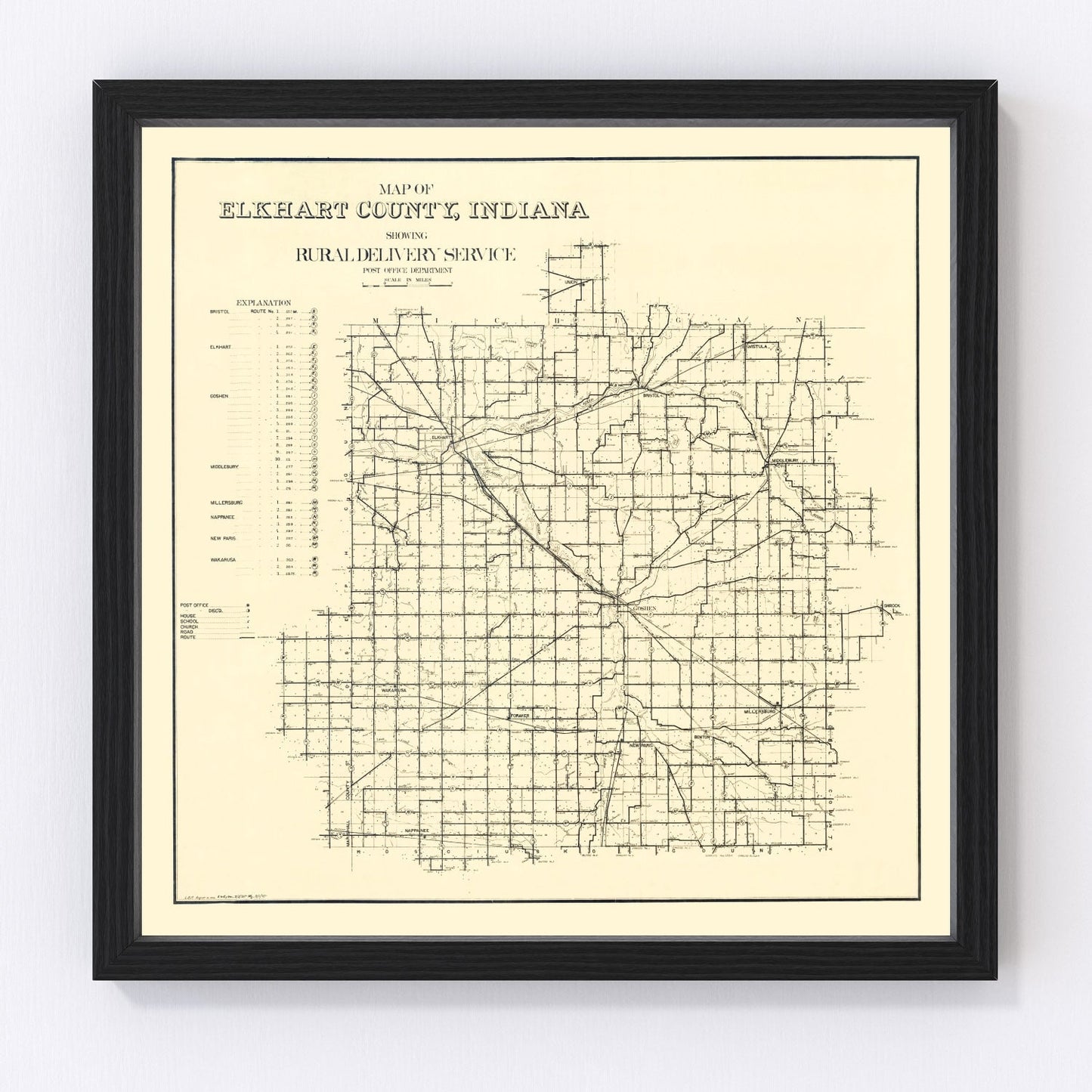 Vintage restored map of Elkhart County, Indiana, 1909, Edwardian-era north Indiana
