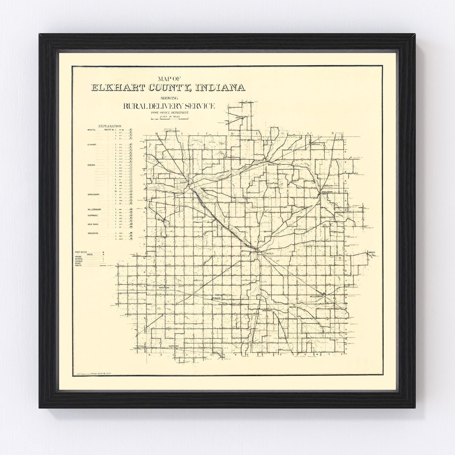 Vintage restored map of Elkhart County, Indiana, 1909, Edwardian-era north Indiana