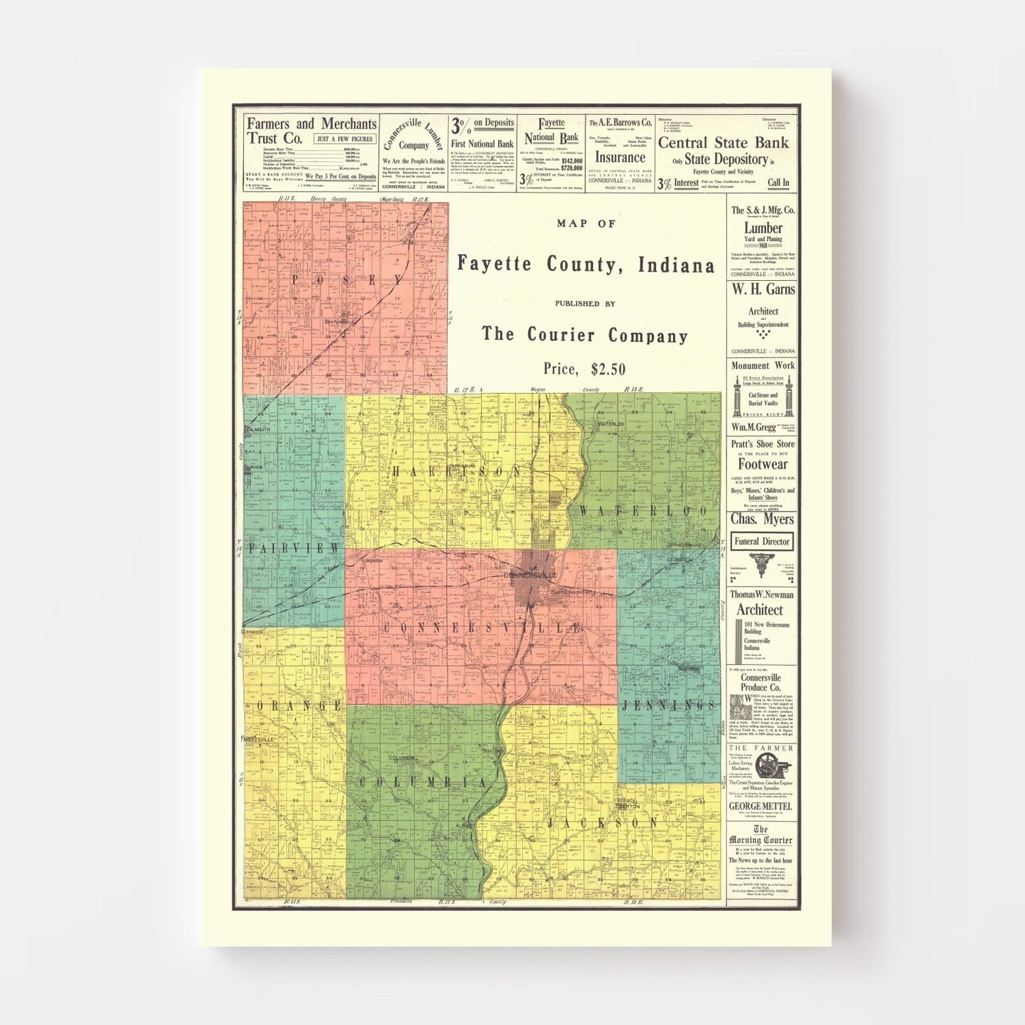 Vintage Map of Fayette County, Indiana, 1917