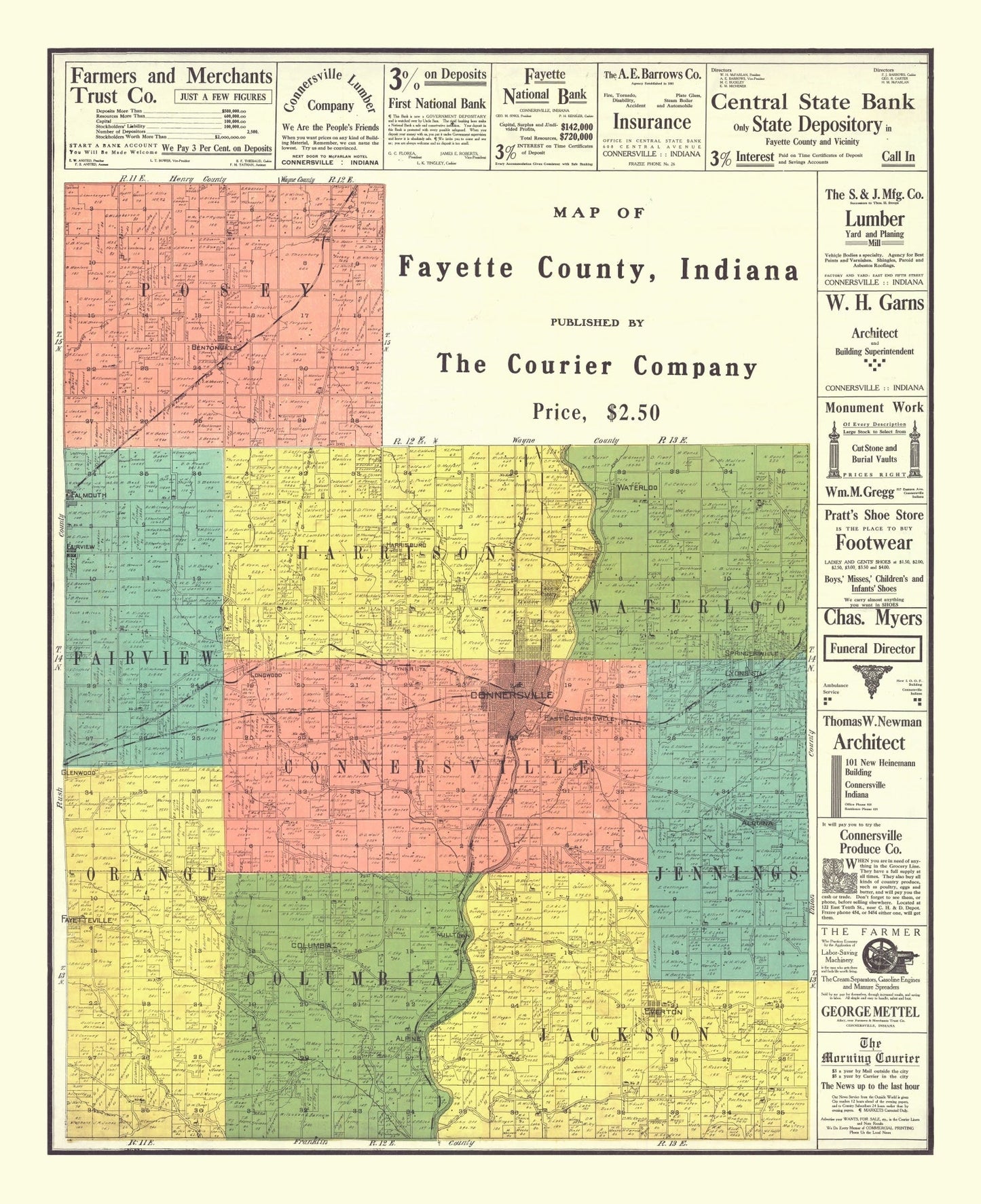Vintage Map of Fayette County, Indiana, 1917