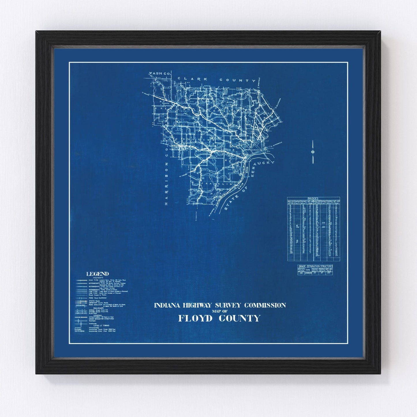 Vintage restored map of Floyd County, Indiana, 1936, Depression-era Ohio River Valley