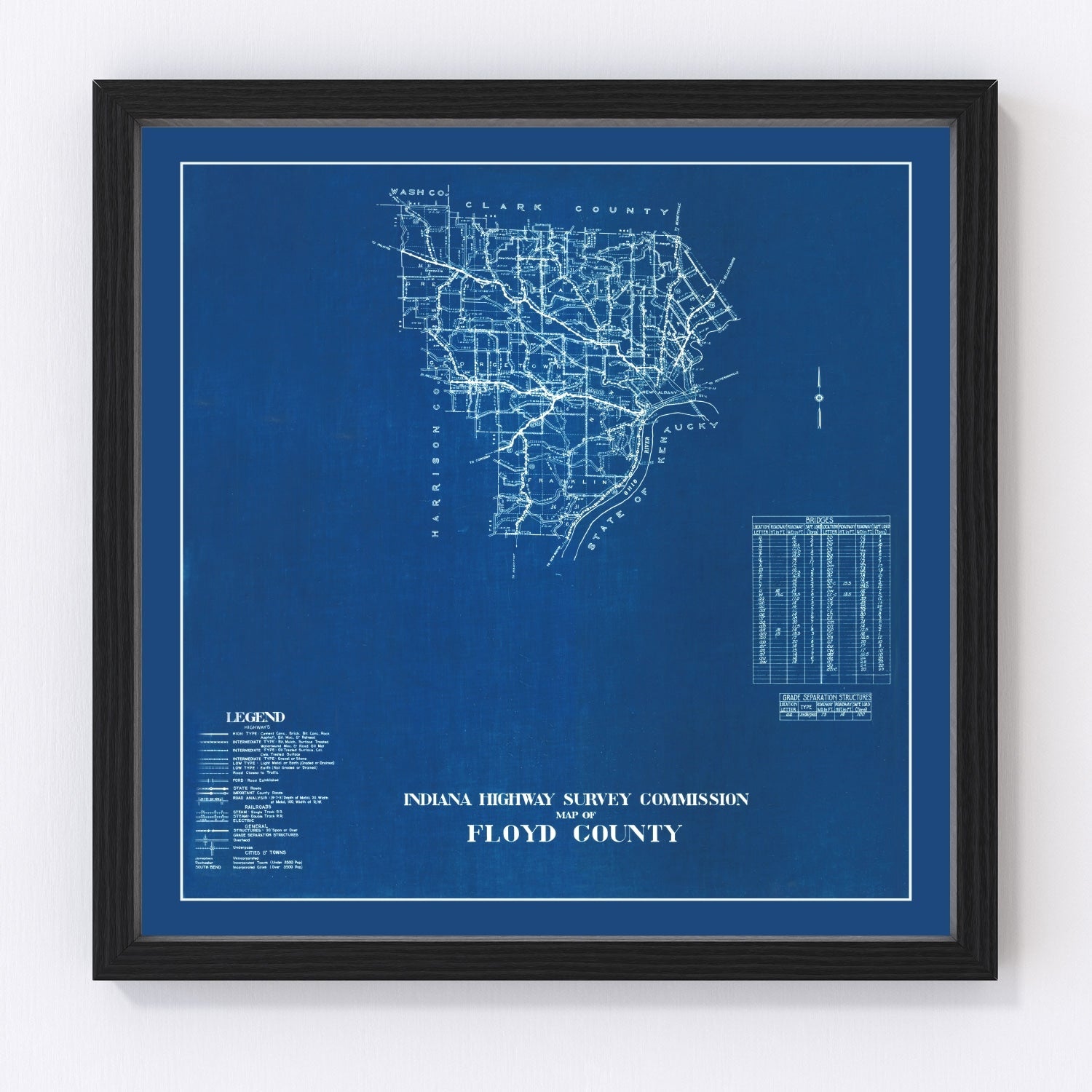 Vintage restored map of Floyd County, Indiana, 1936, Depression-era Ohio River Valley