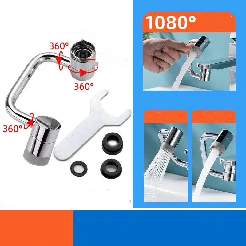 1080-degree rotating faucet bubbler extension showing multi-angle movement and splash modes
