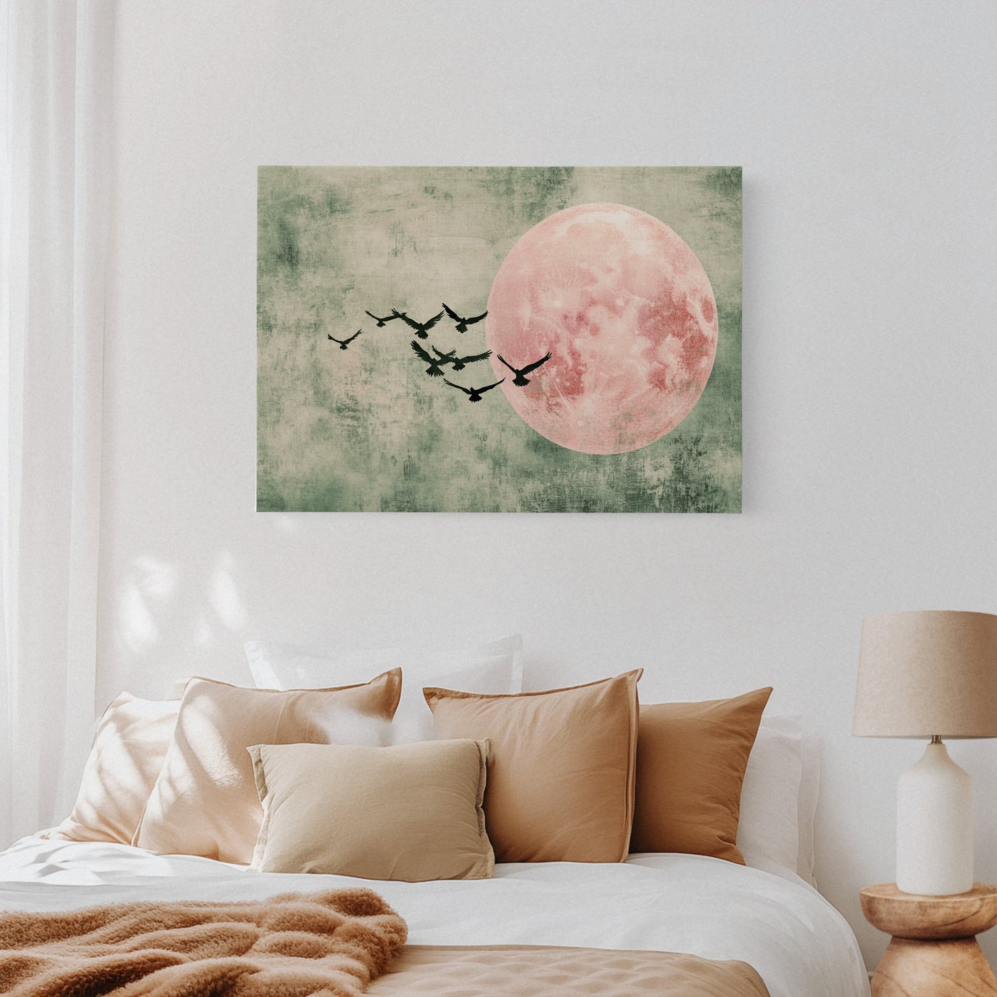 Pink Moon Wall Art - Minimalist Birds in Flight Print