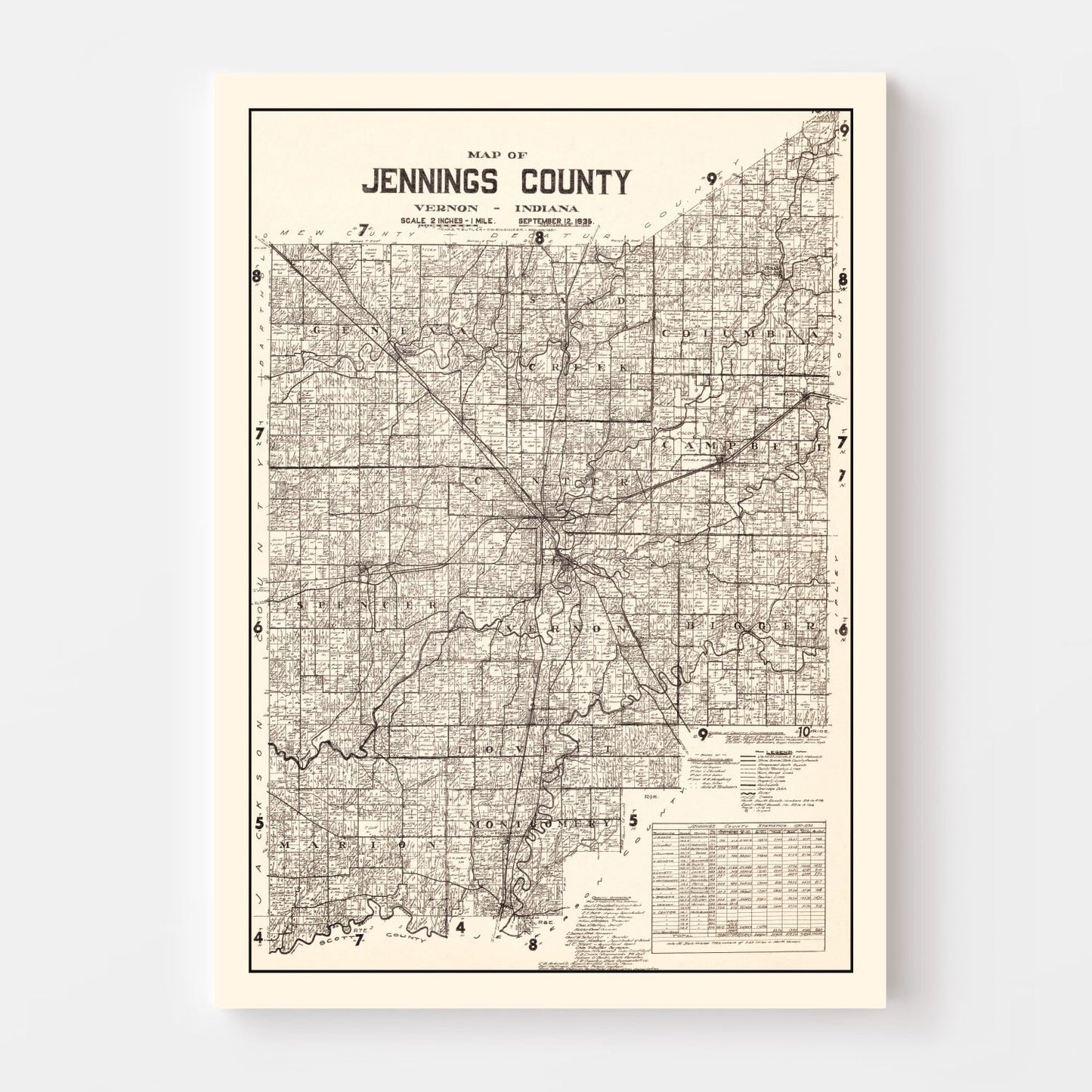 Vintage Map of Jennings County, Indiana, 1935