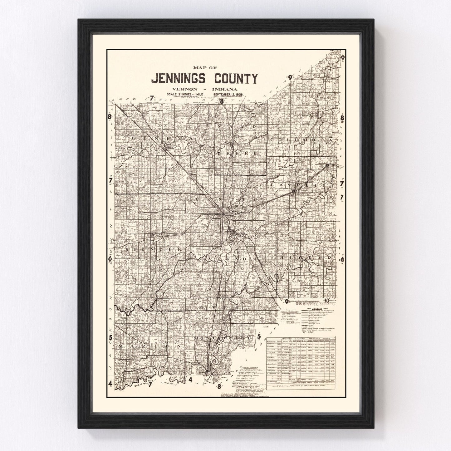 Vintage map of Jennings County, Indiana, 1935