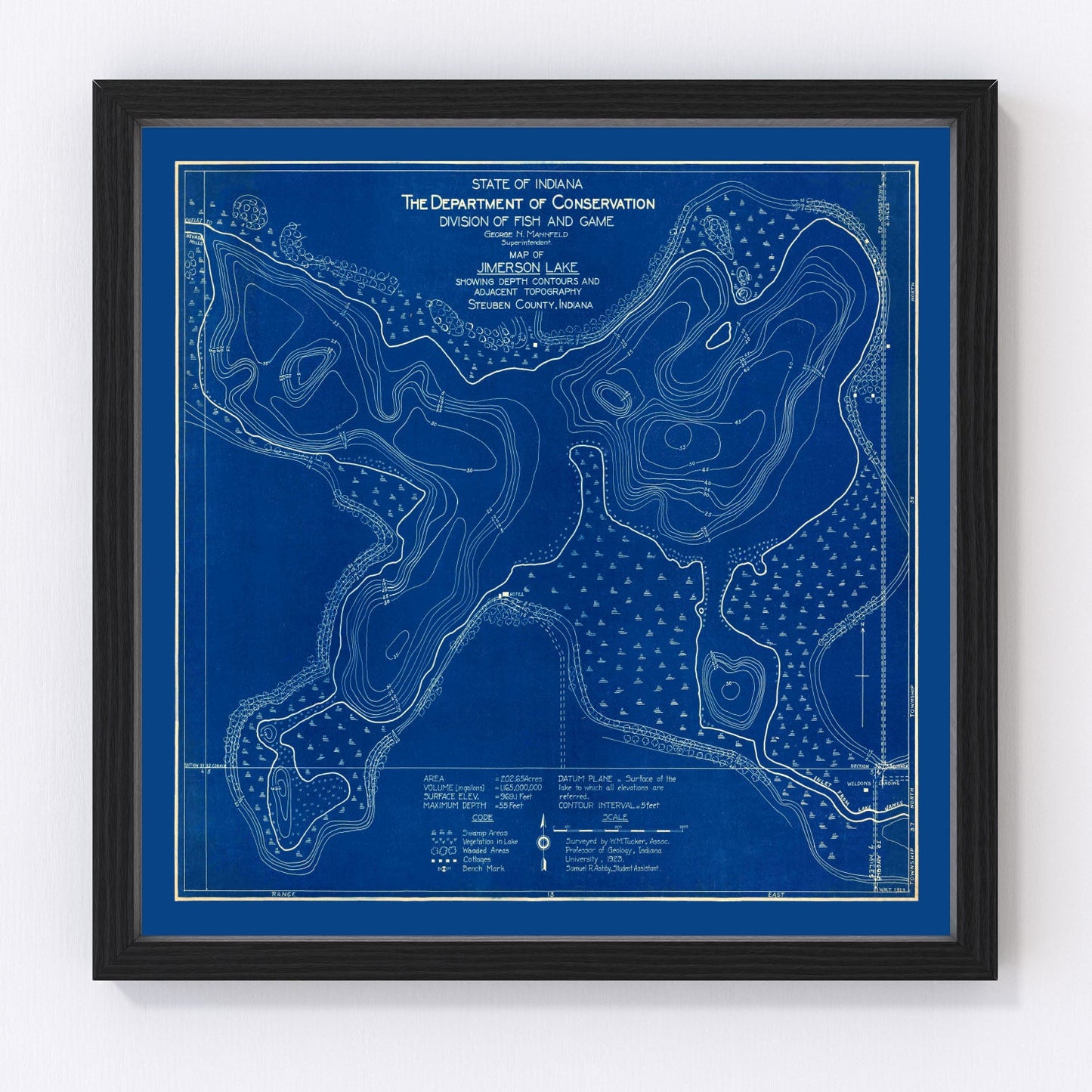 Vintage depth survey map of Jimerson Lake, Indiana, 1923