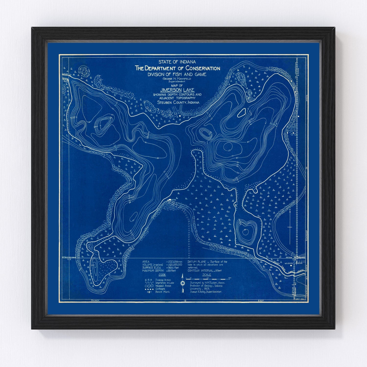 Vintage depth survey map of Jimerson Lake, Indiana, 1923