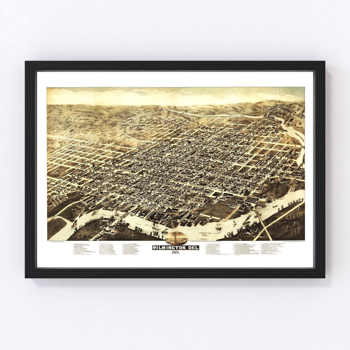 Vintage map of Wilmington, Delaware, 1874, Victorian city restored