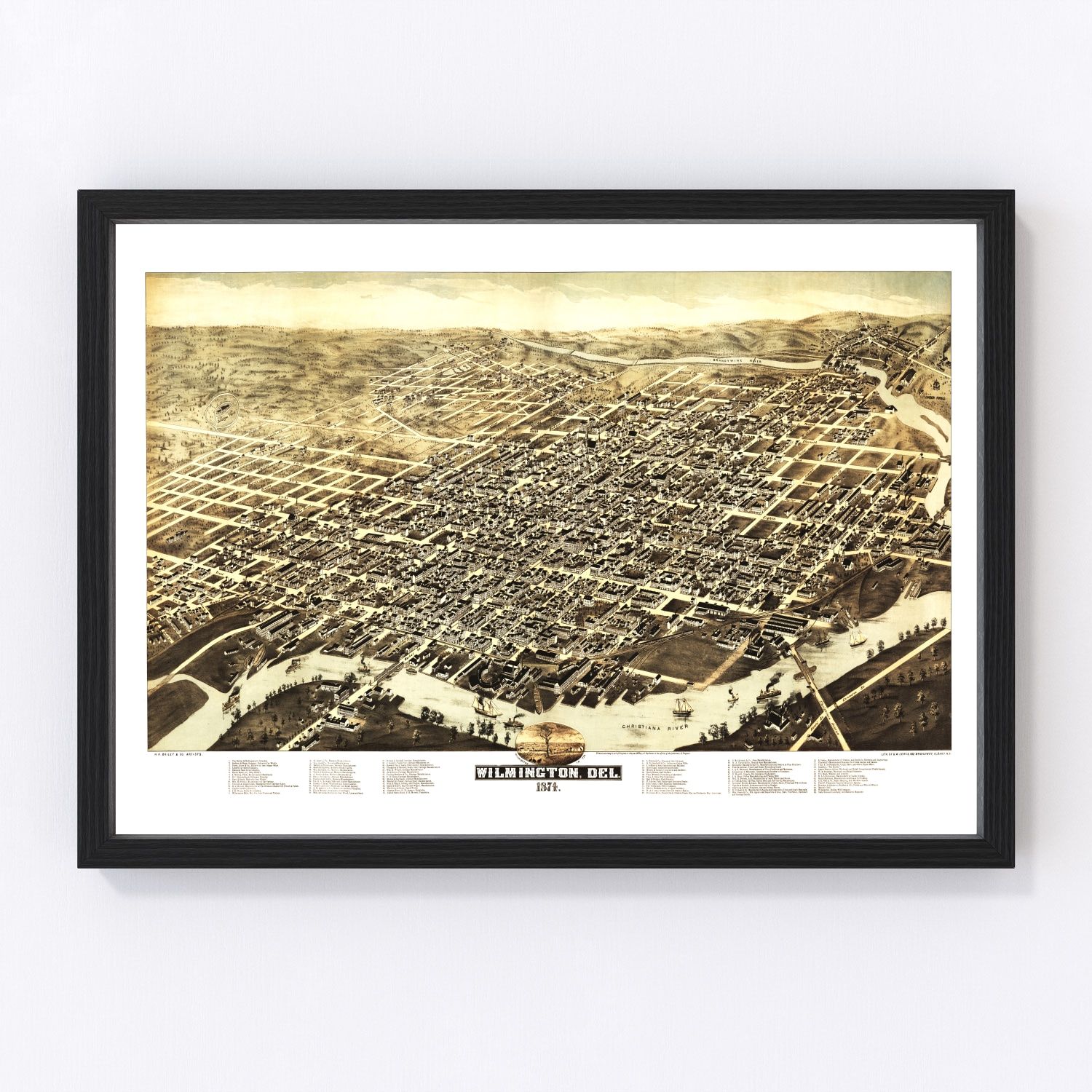 Vintage map of Wilmington, Delaware, 1874, Victorian city restored