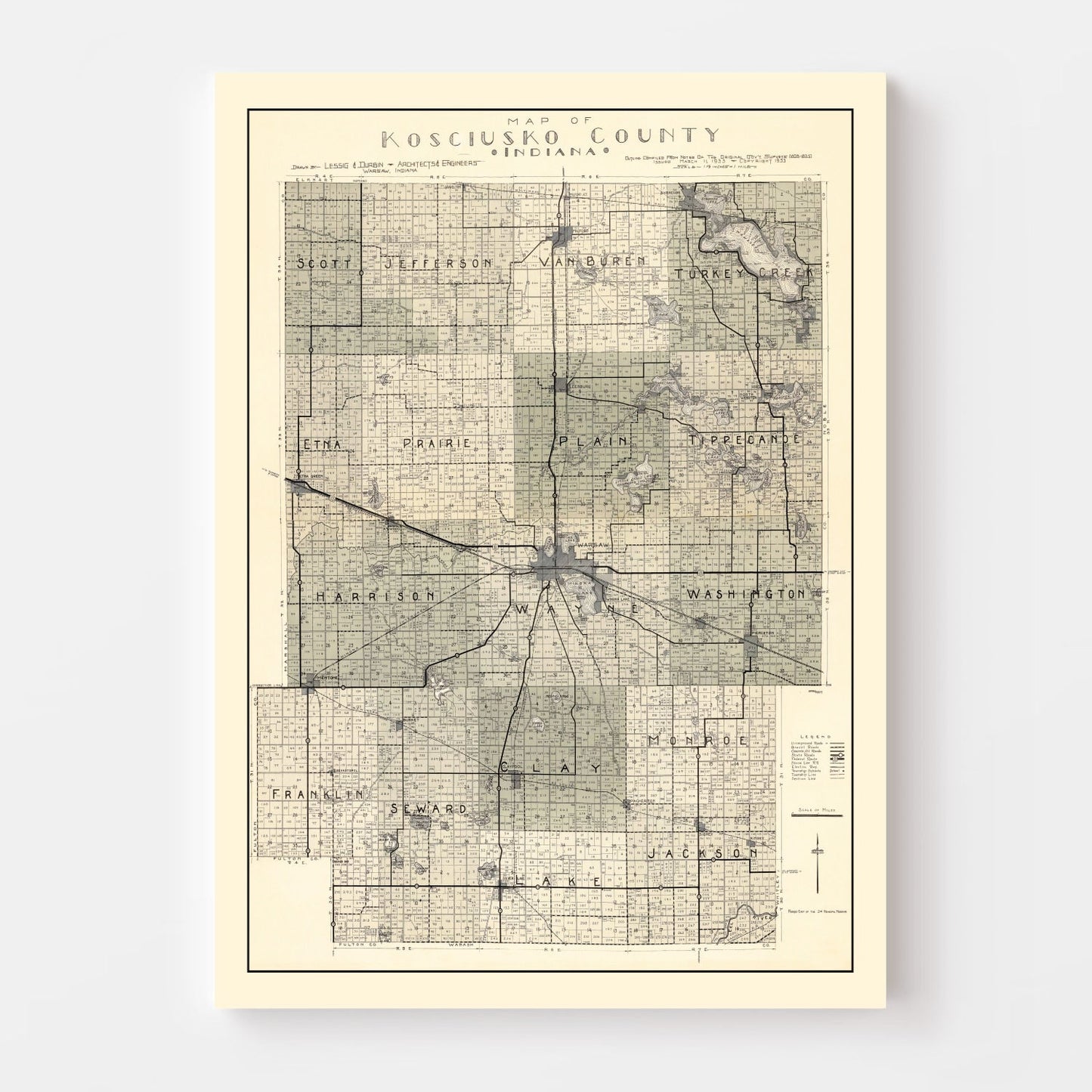 Vintage Map of Kosciusko County, Indiana, 1933