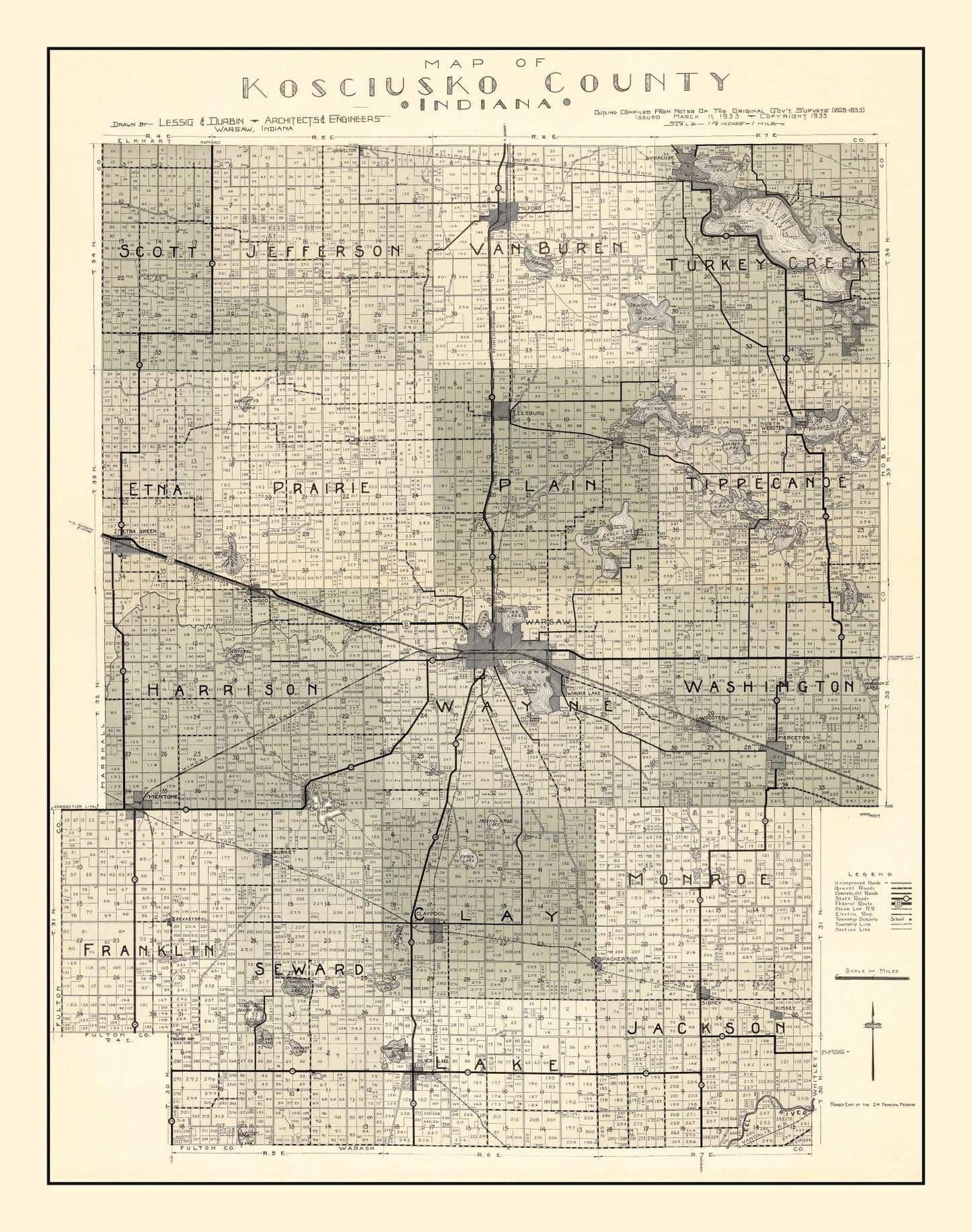 Vintage Map of Kosciusko County, Indiana, 1933