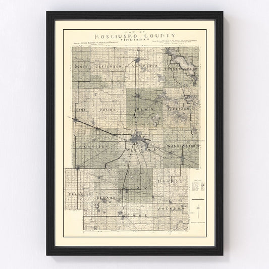 vintage map of Kosciusko County, Indiana, 1933