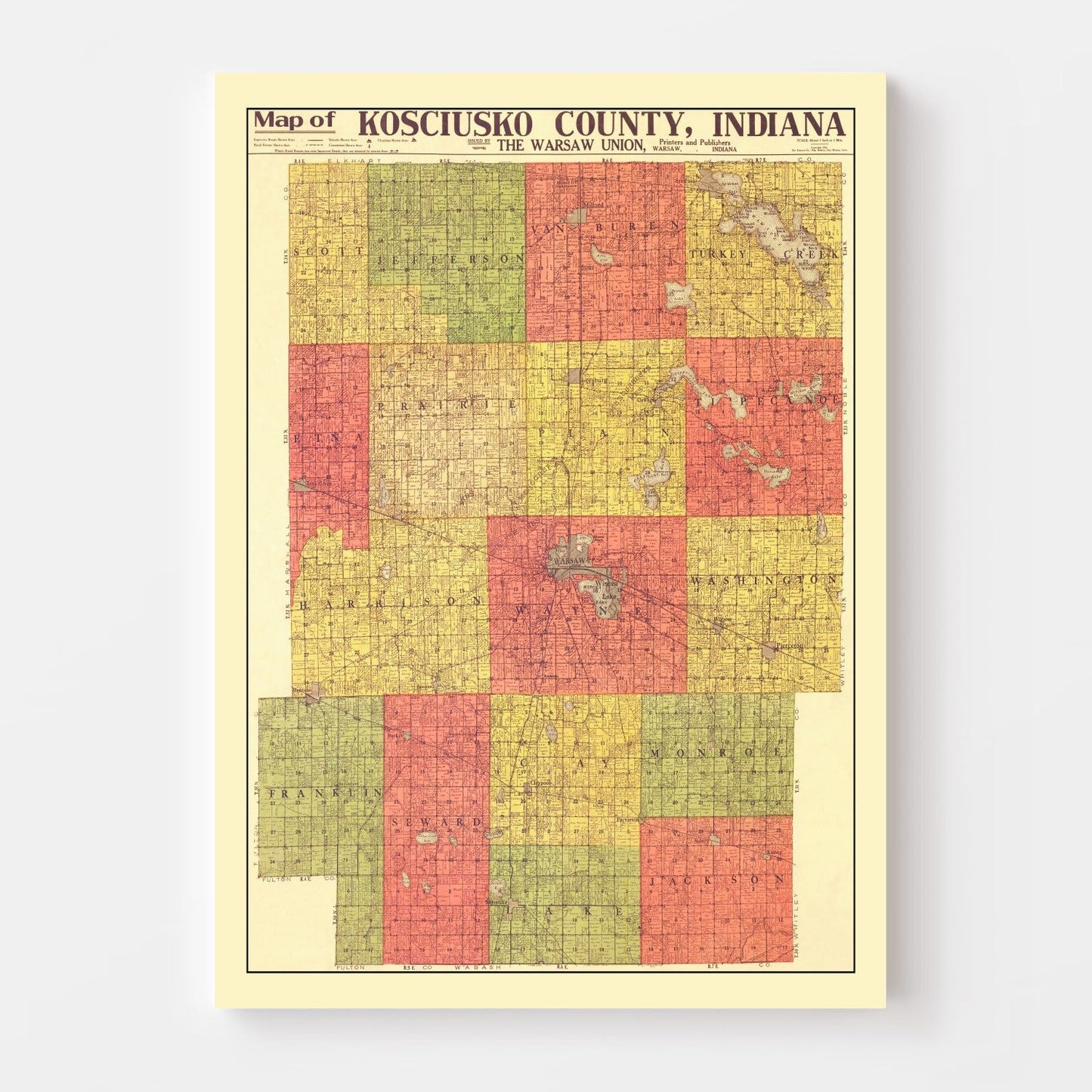 Vintage Map of Kosciusko County, Indiana, 1916