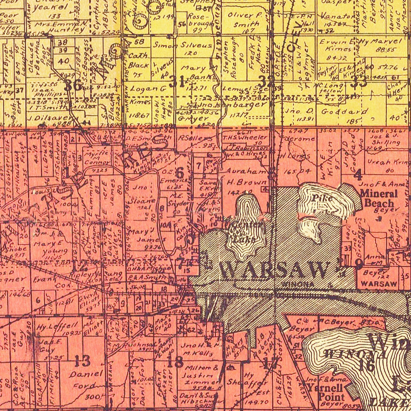 Vintage Map of Kosciusko County, Indiana, 1916