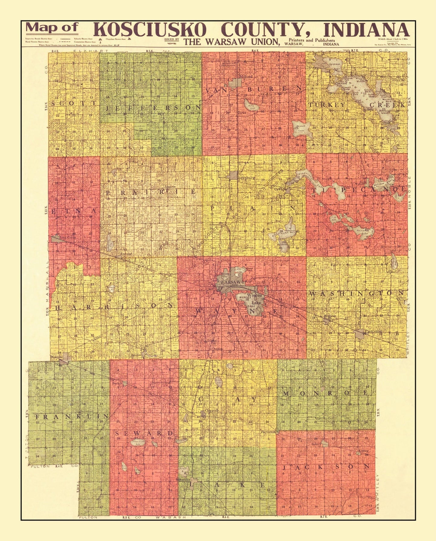 Vintage Map of Kosciusko County, Indiana, 1916