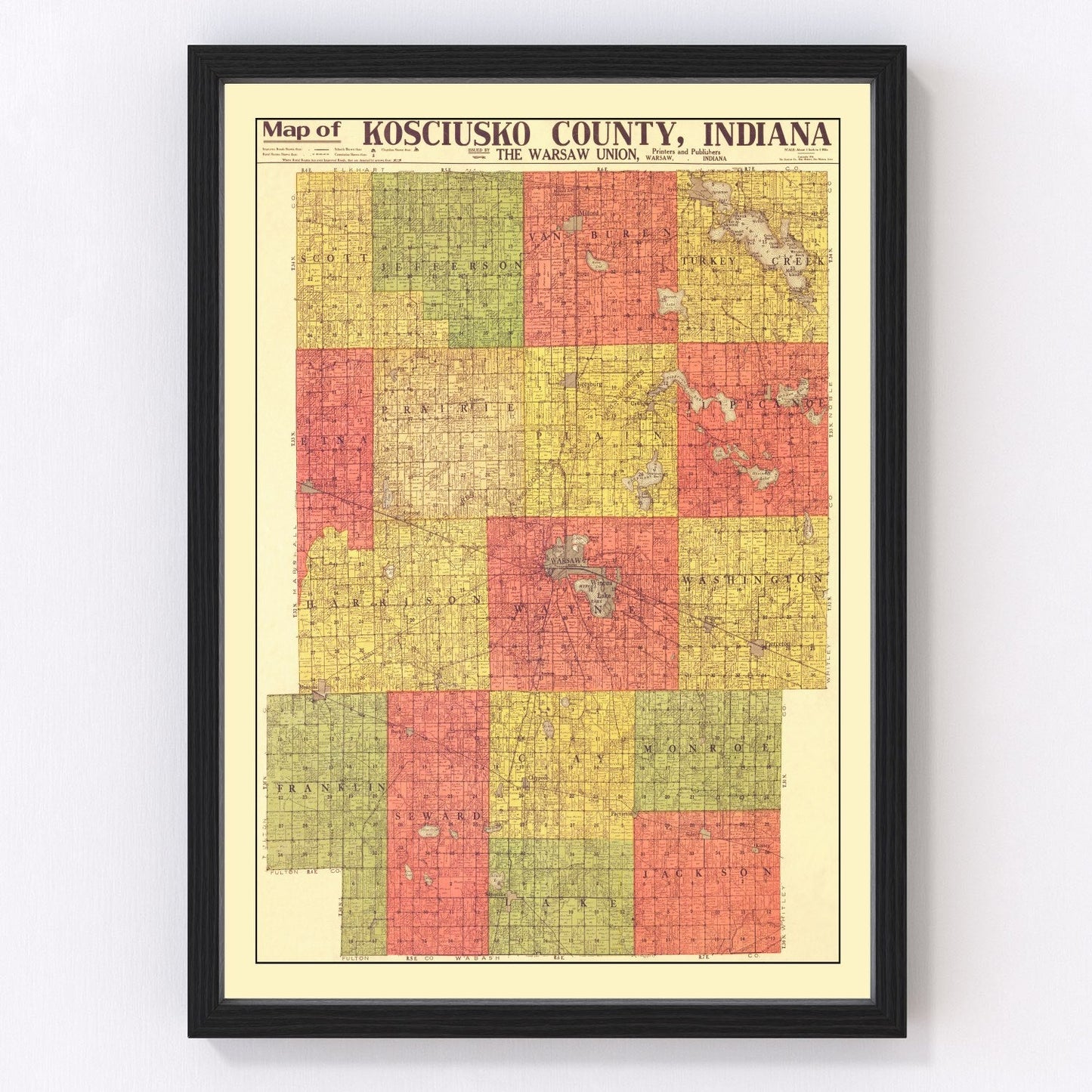 vintage map of Kosciusko County, Indiana, 1916