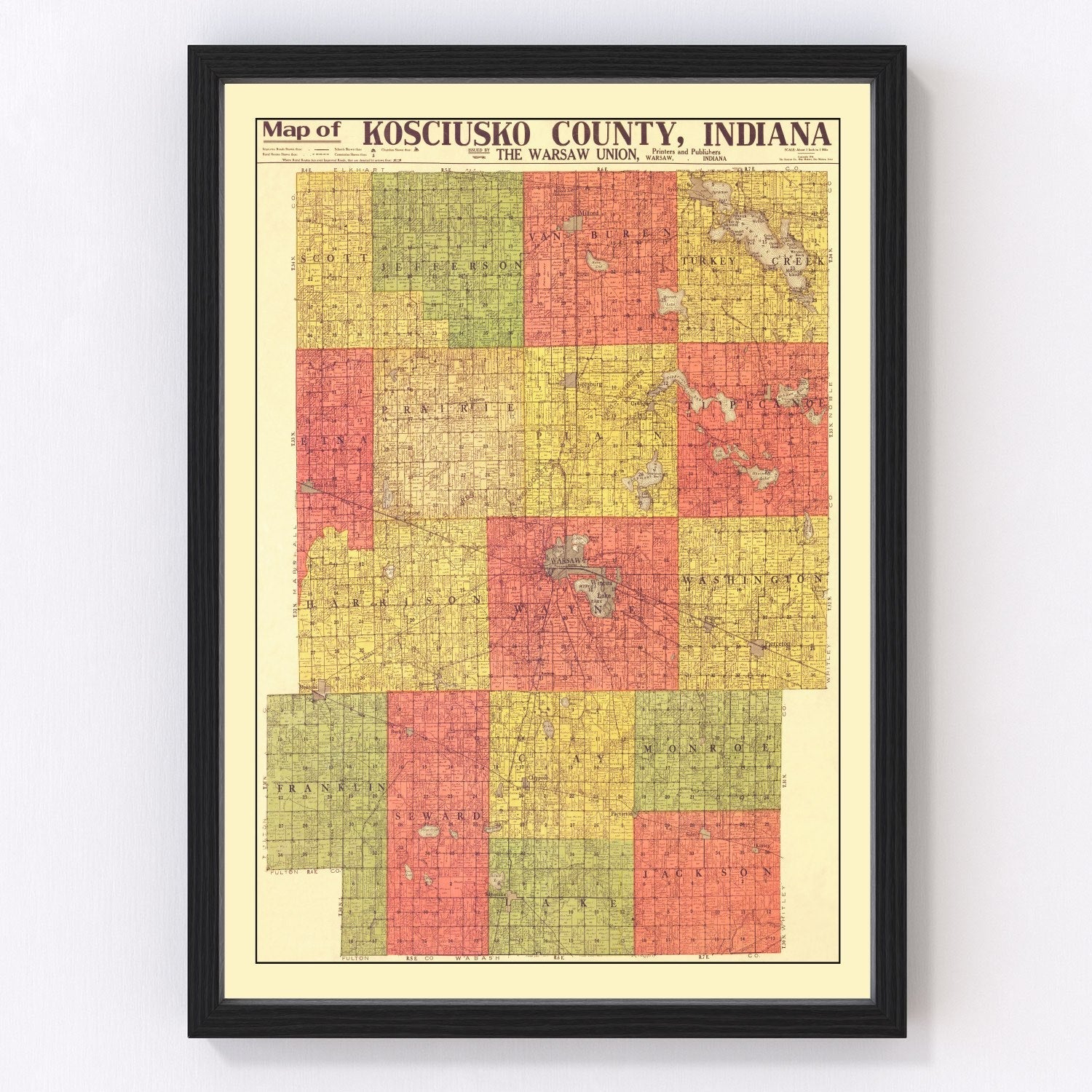 vintage map of Kosciusko County, Indiana, 1916