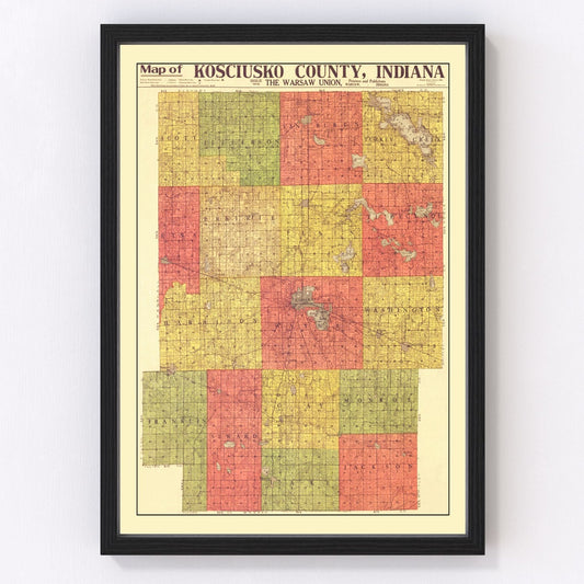 vintage map of Kosciusko County, Indiana, 1916
