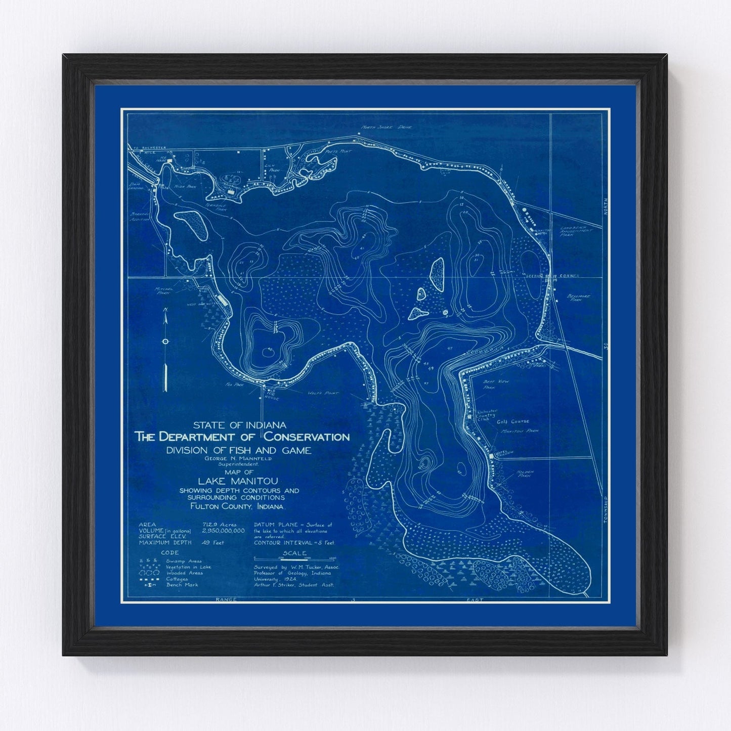 Vintage map of Lake Manitou, Indiana resort lake, 1924