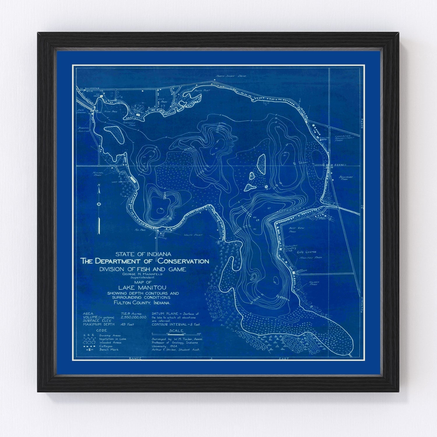 Vintage map of Lake Manitou, Indiana resort lake, 1924