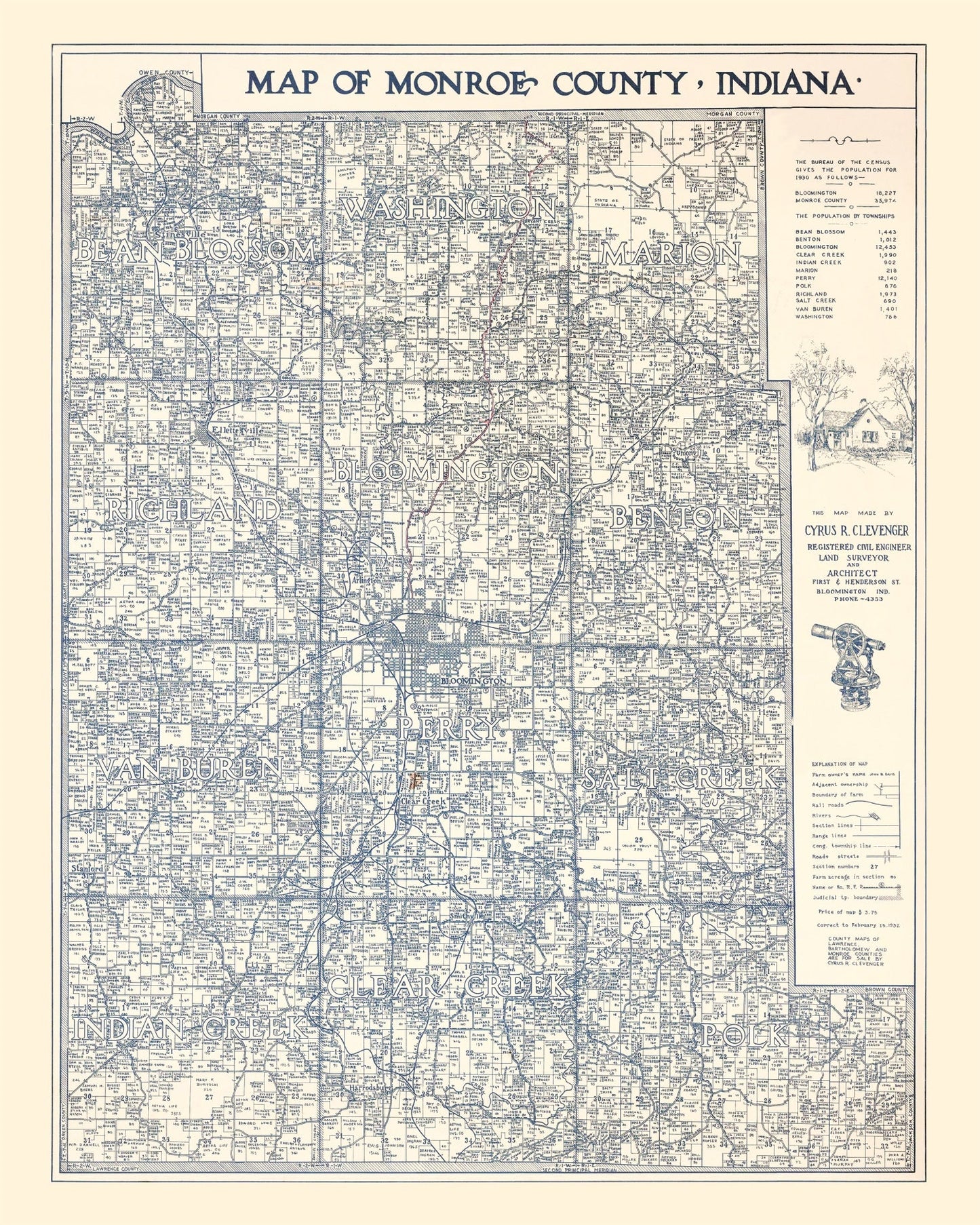 Vintage Map of Monroe County, Indiana, 1932