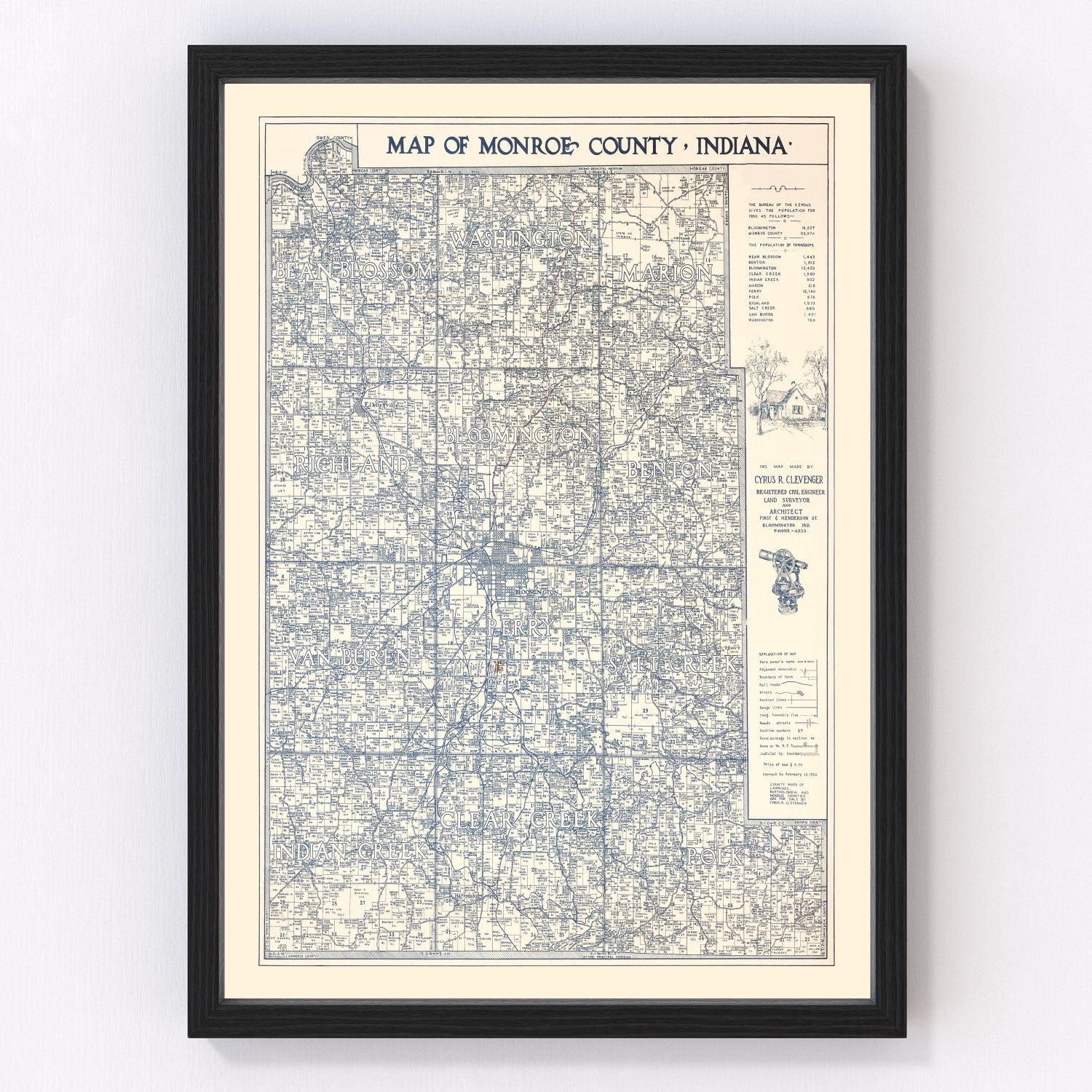 Vintage map of Monroe County, Indiana, 1932