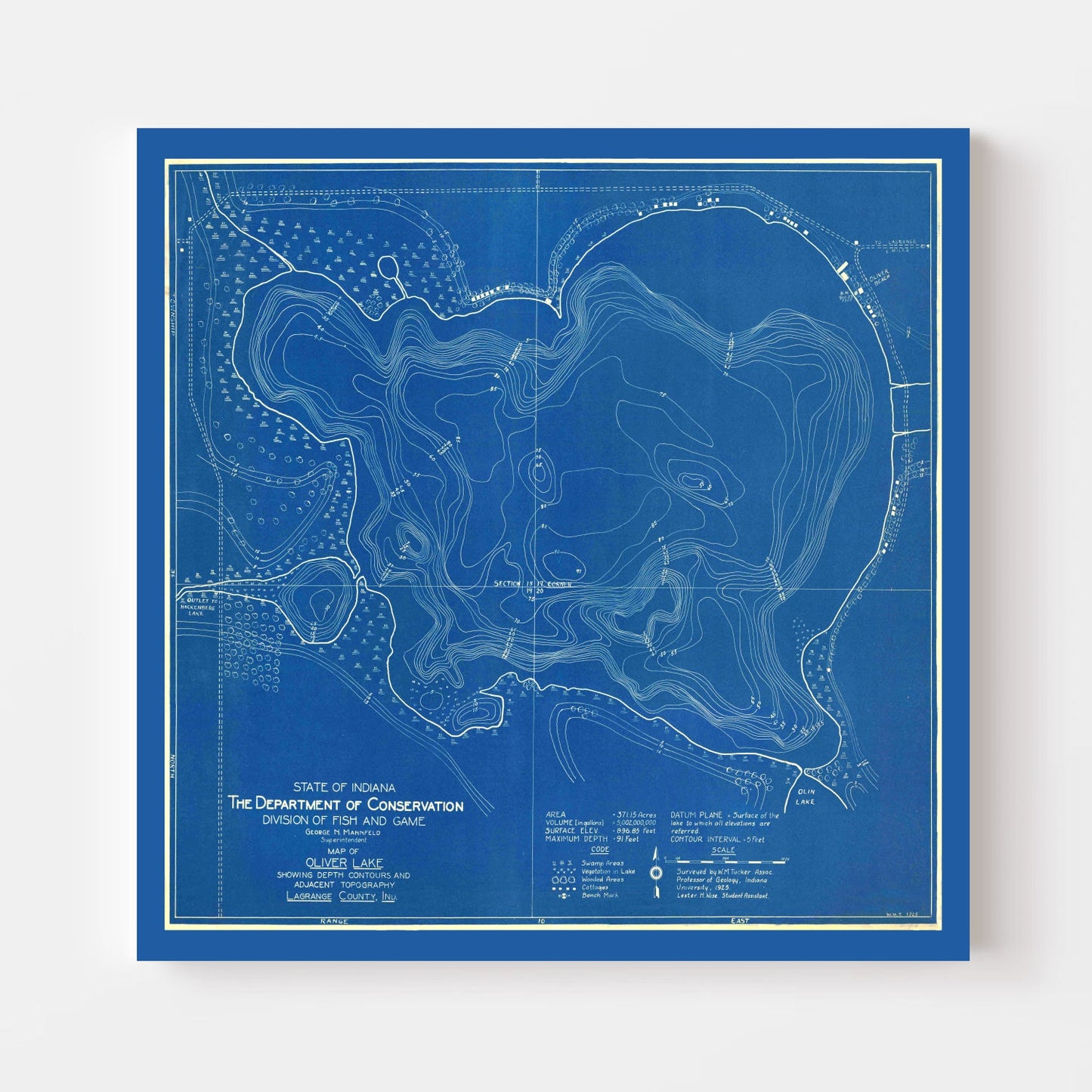 Vintage Map of Oliver Lake, Indiana, 1925
