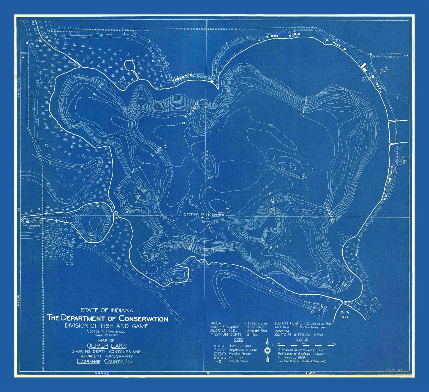 Vintage Map of Oliver Lake, Indiana, 1925