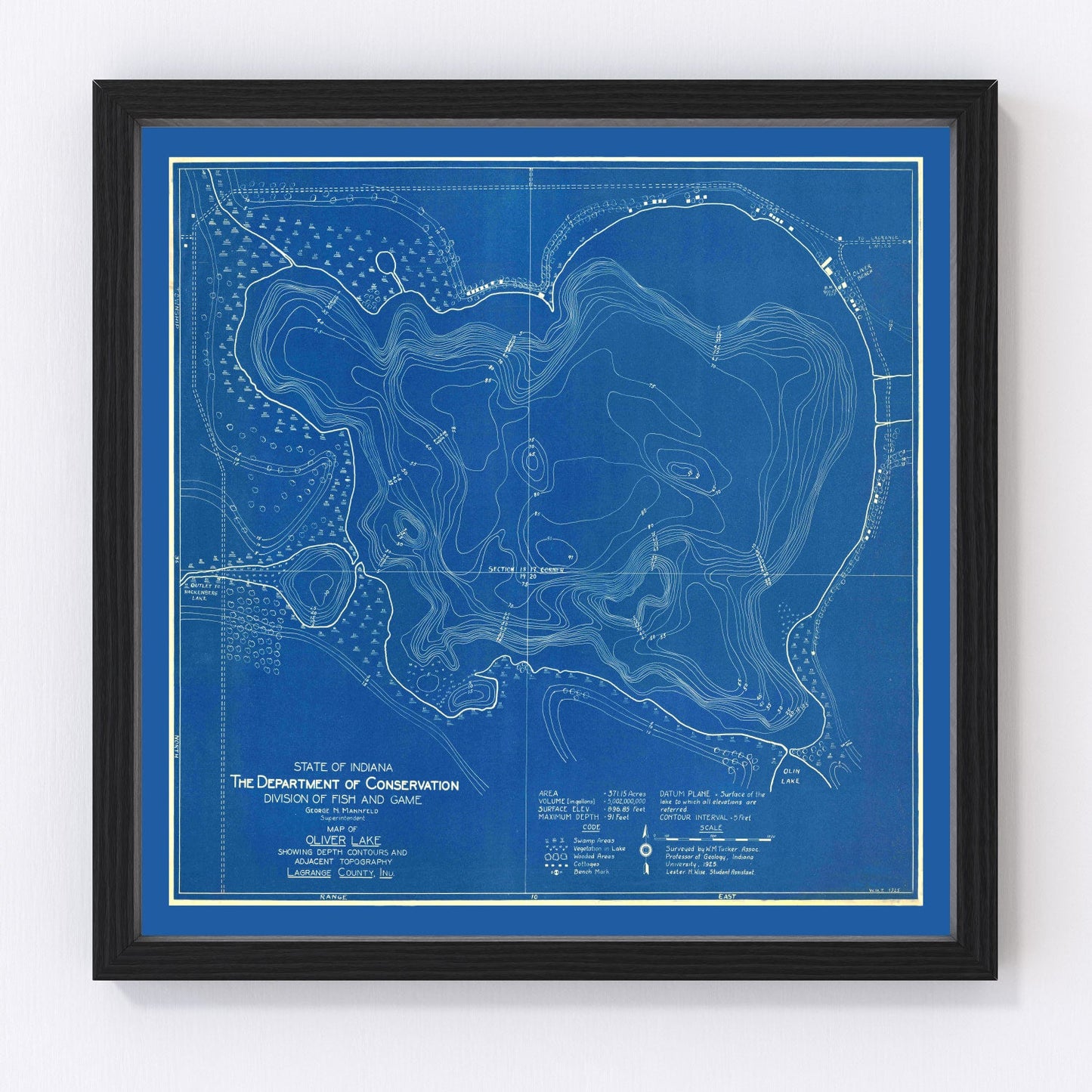 vintage map of Oliver Lake, Indiana, 1925