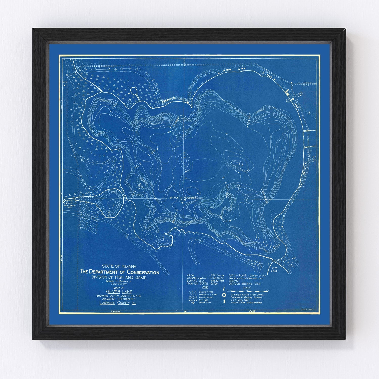vintage map of Oliver Lake, Indiana, 1925