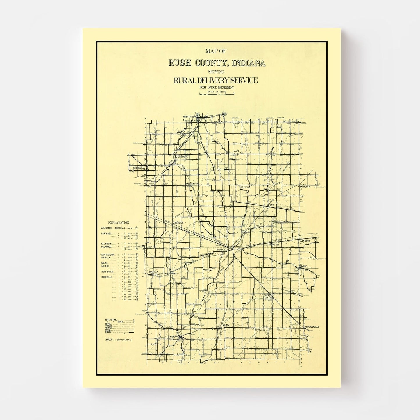 Vintage Map of Rush County, Indiana, 1909