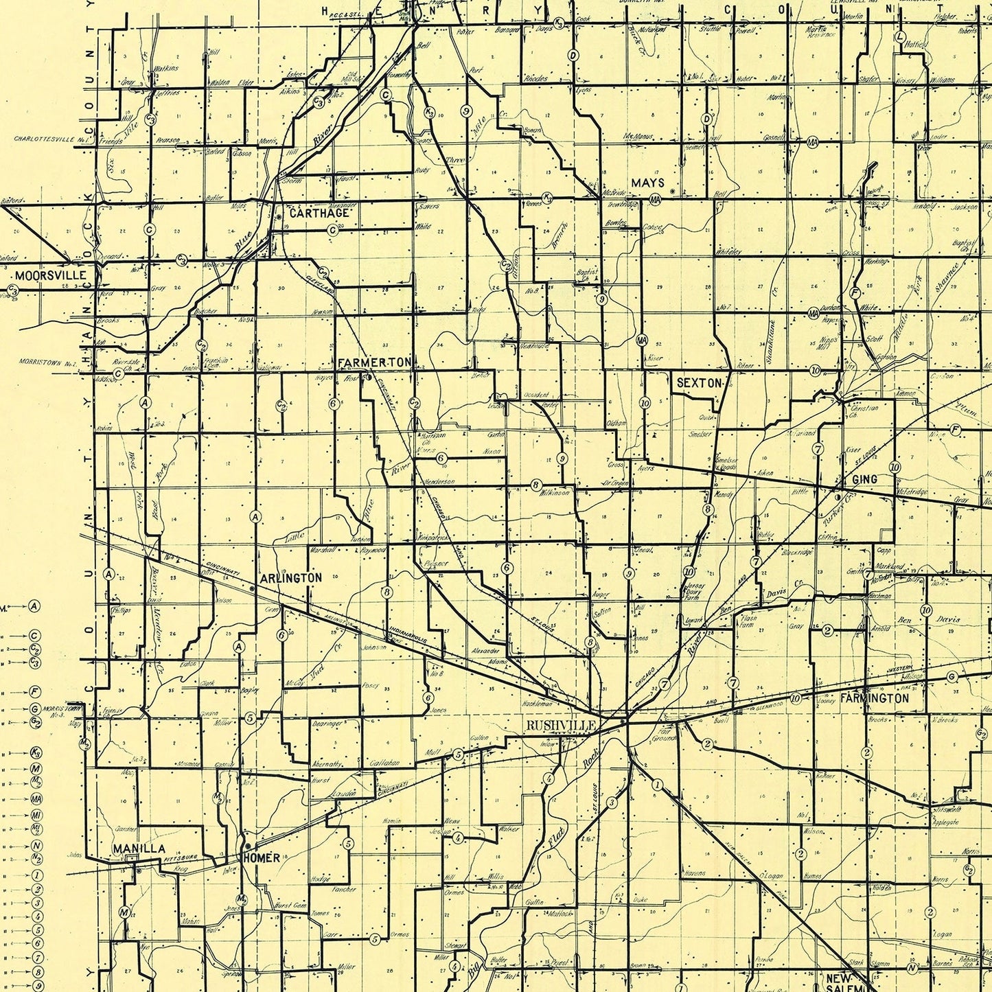 Vintage Map of Rush County, Indiana, 1909