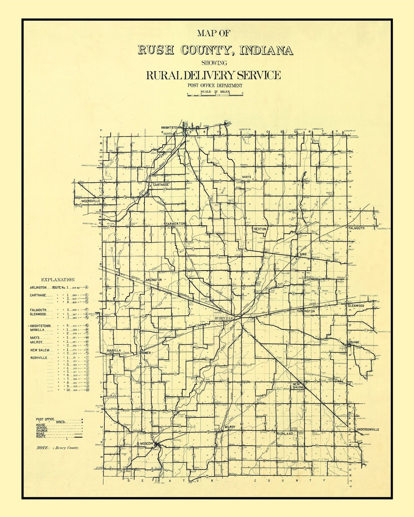 Vintage Map of Rush County, Indiana, 1909