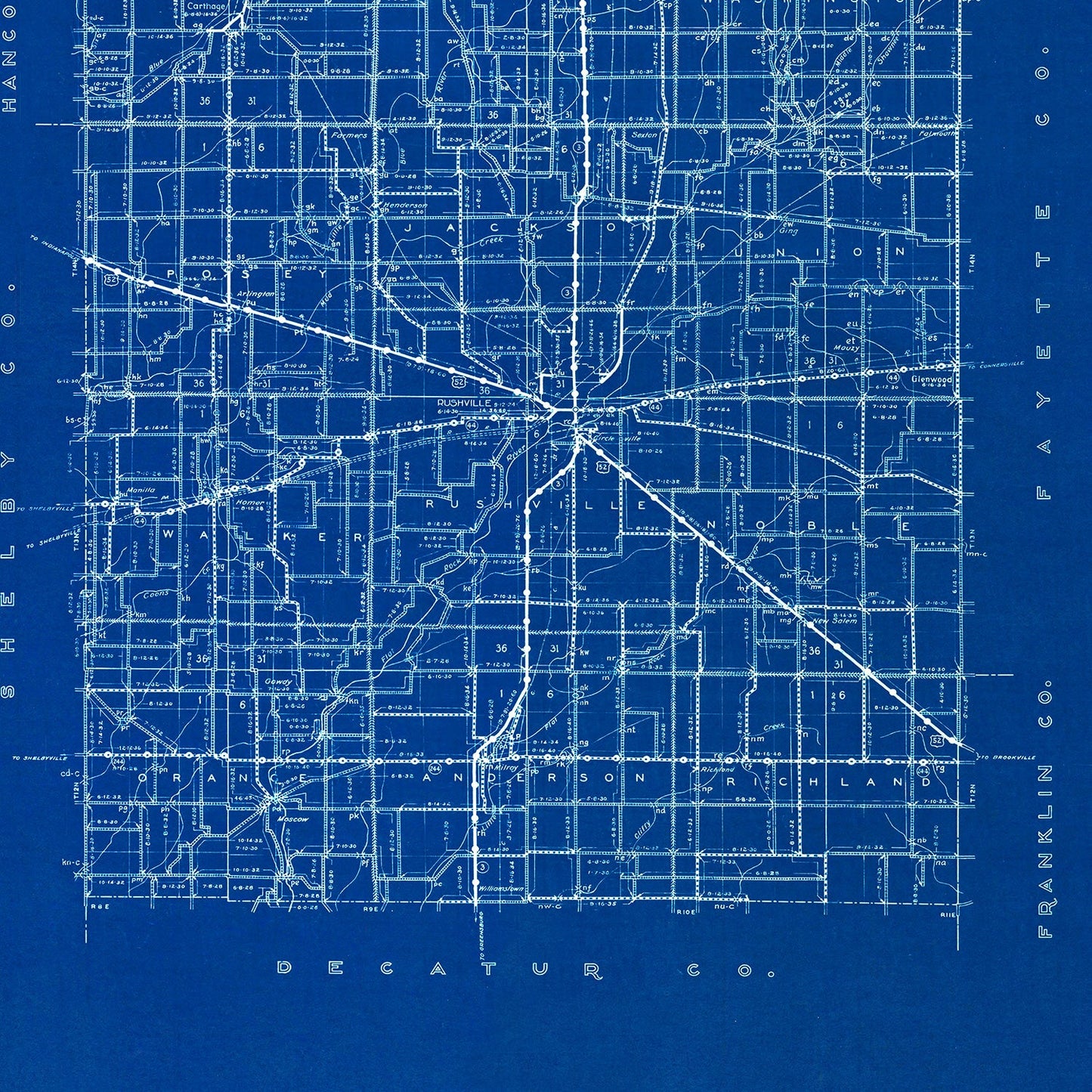 Vintage Map of Rush County, Indiana, 1936