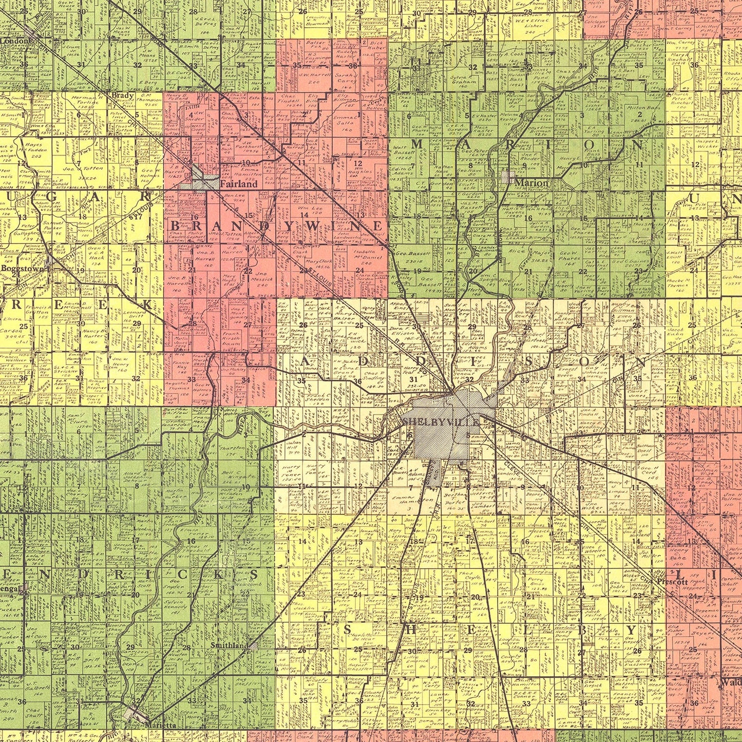 Vintage Map of Shelby County, Indiana, 1916