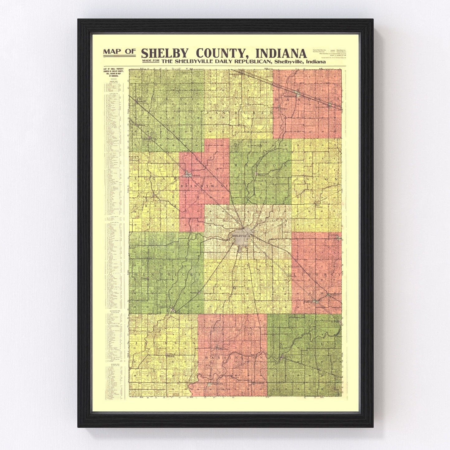vintage map of Shelby County, Indiana, 1916