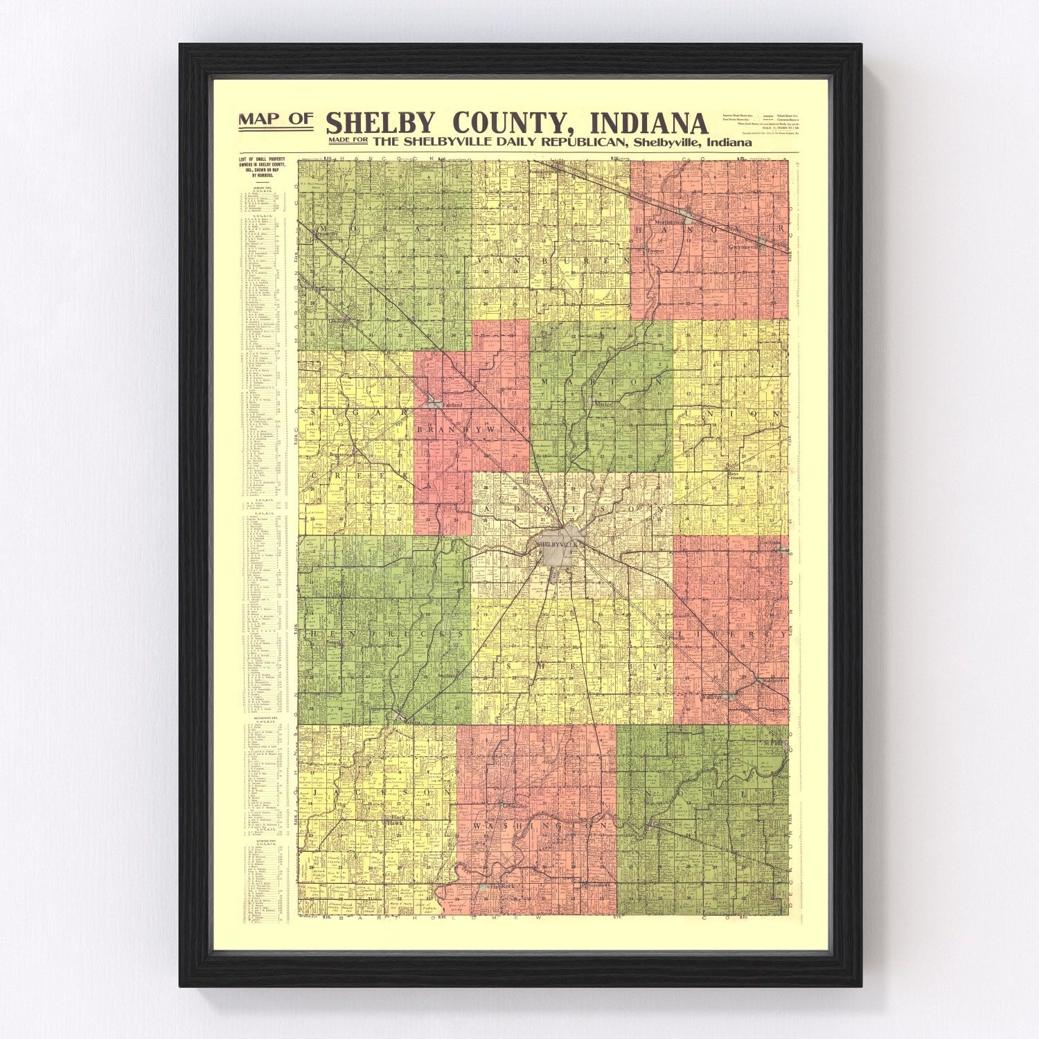 vintage map of Shelby County, Indiana, 1916