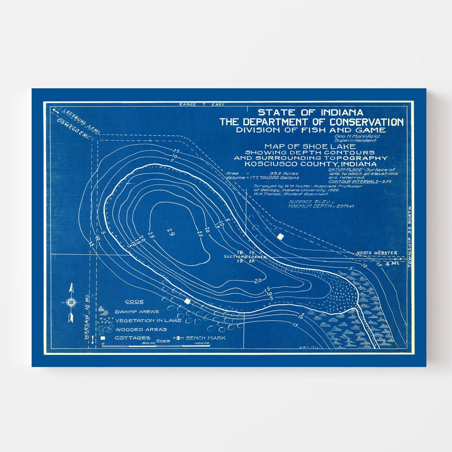Vintage Shoe Lake Indiana Map, 1922
