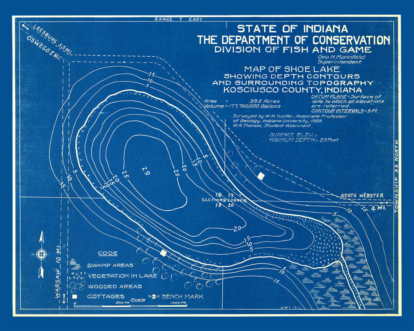 Vintage Shoe Lake Indiana Map, 1922