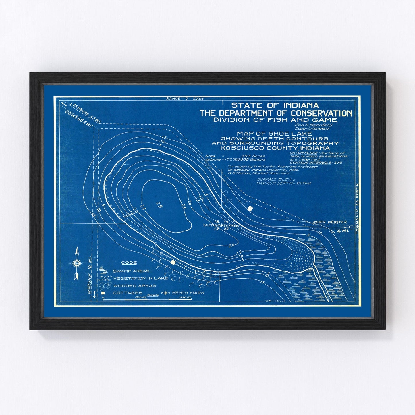 Vintage 1922 map of Shoe Lake Indiana showing lake shoreline, restored cartographic print