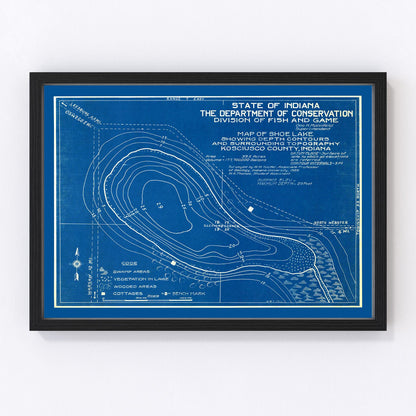 Vintage 1922 map of Shoe Lake Indiana showing lake shoreline, restored cartographic print