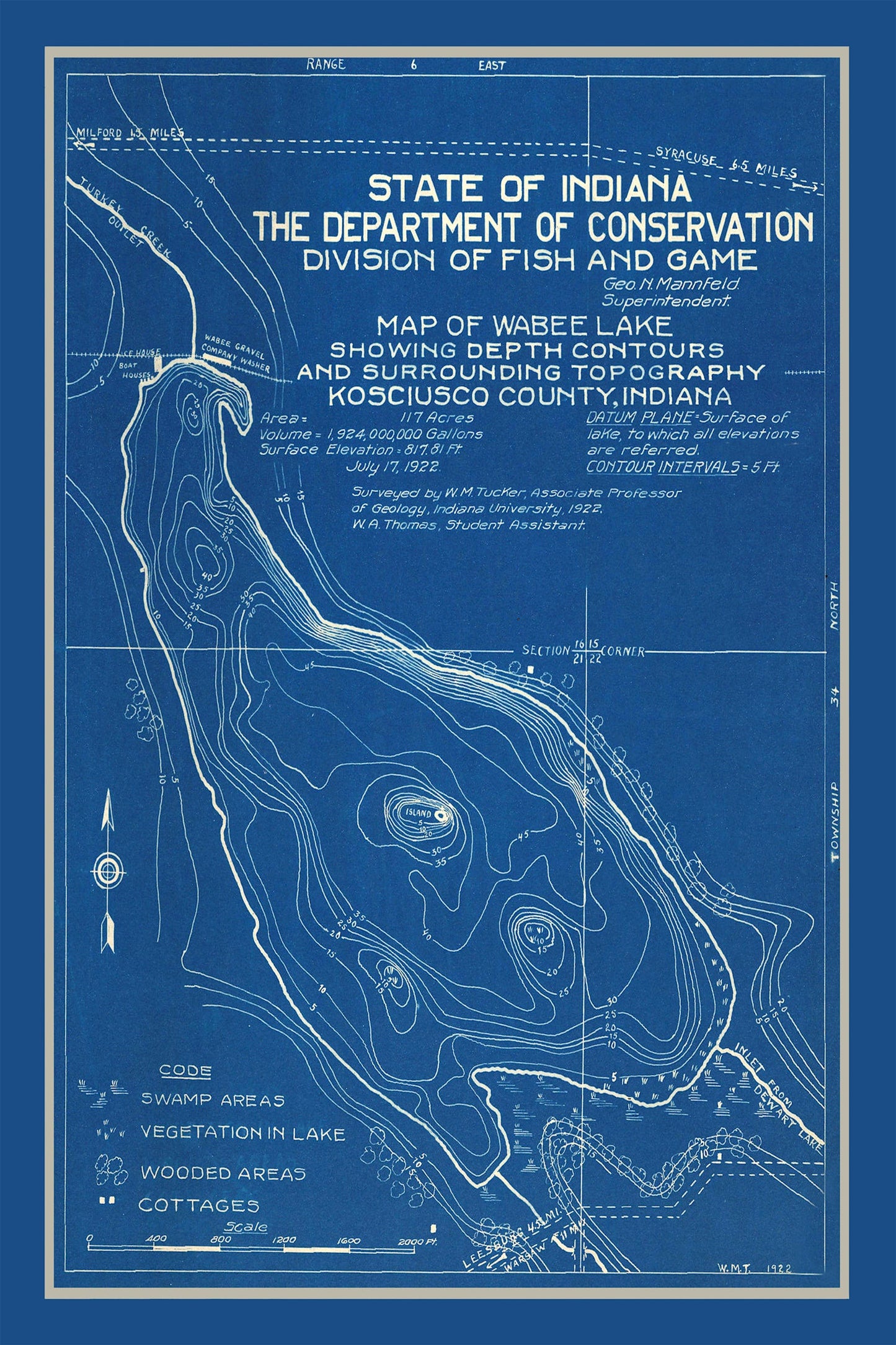 Vintage Wabee Lake Indiana Map, 1922
