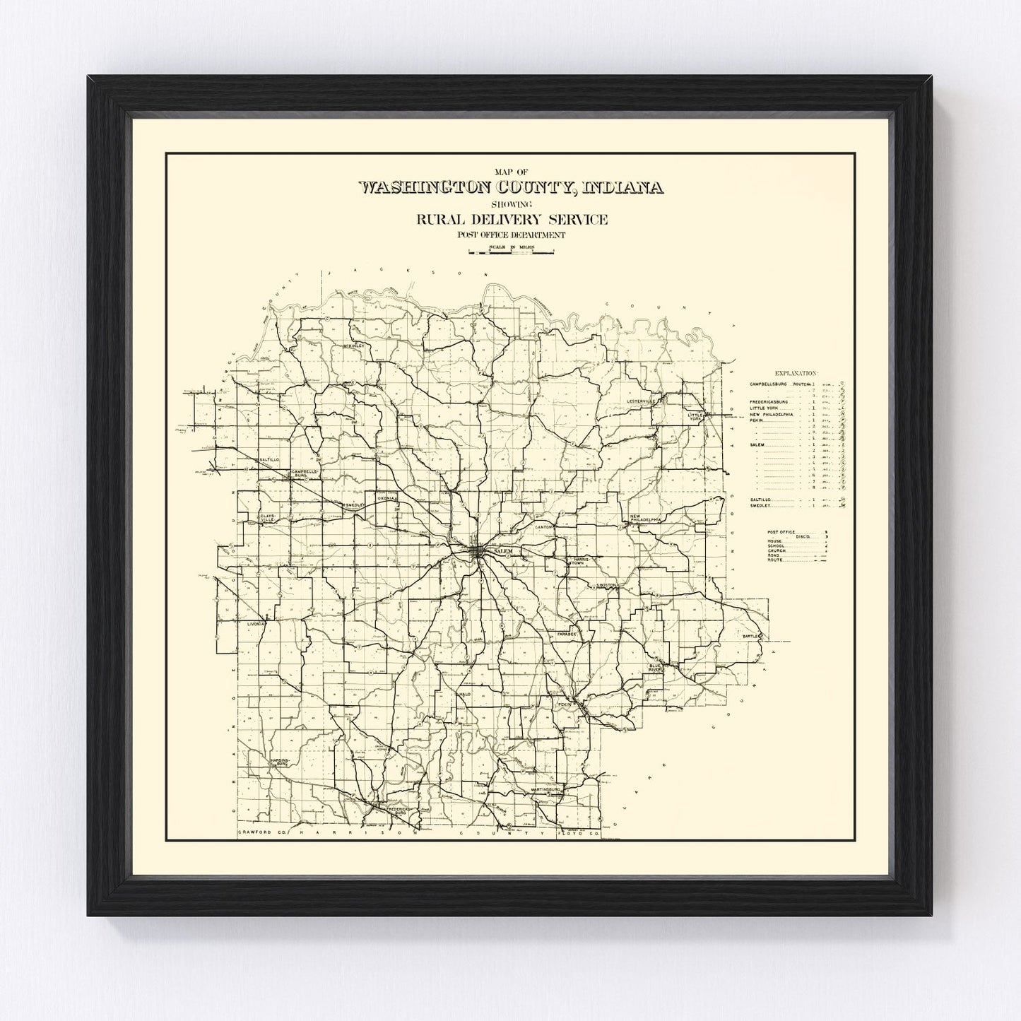 Vintage map of Washington County, Indiana, 1910, showing townships and rural communities